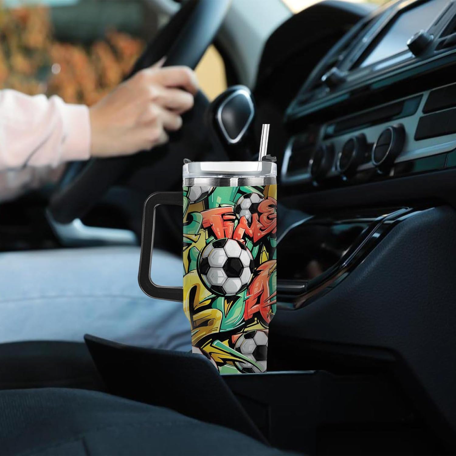 Soccer Gift for Men, 40 oz Tumbler with Handle, Stainless Steel Sports Coffee Tea Mug with Handle Gift Ideal Birthday Christmas for Girls Teen Boys, Football Soccer Fans Player