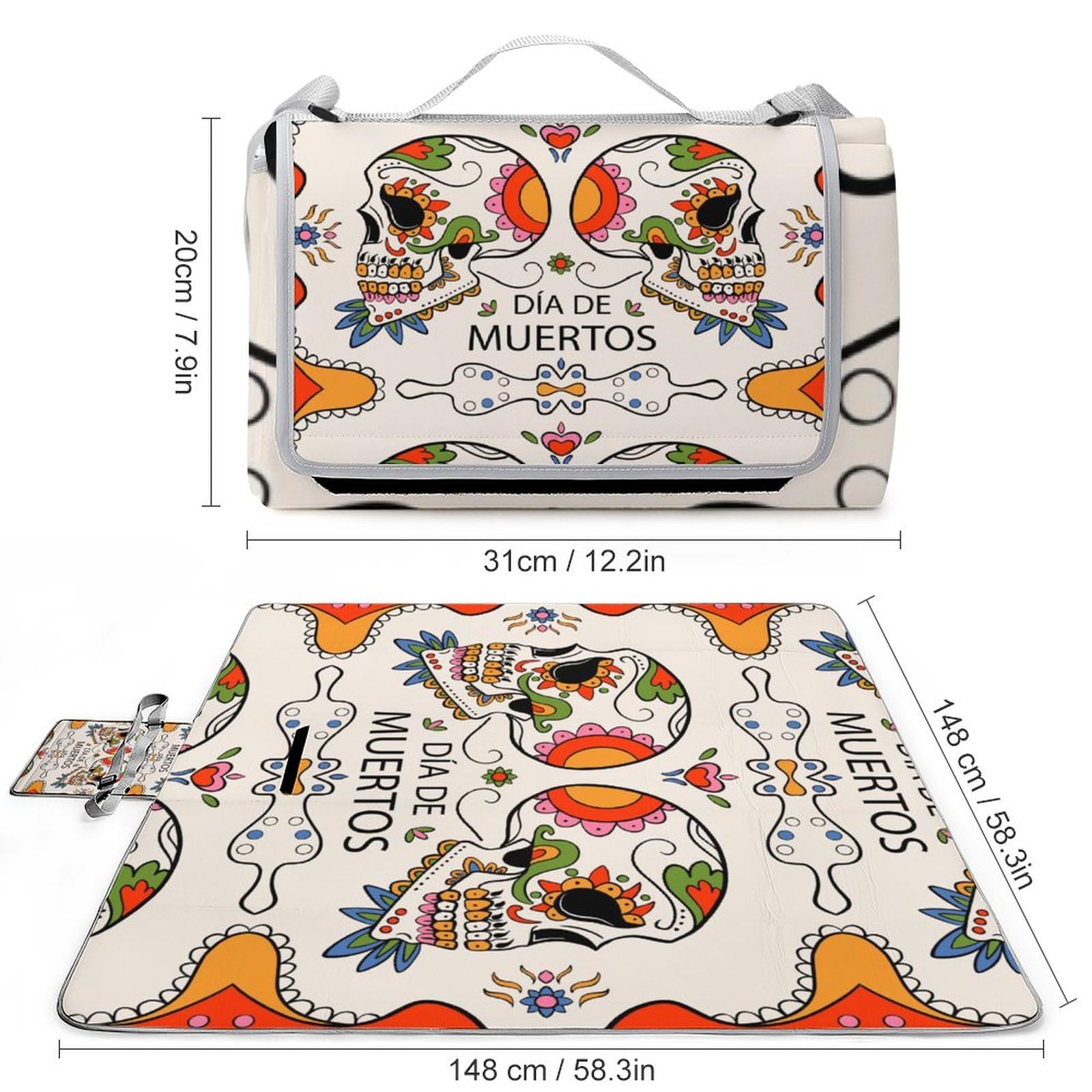 Dia-de-Muertos Print Picnic Blanket Waterproof Foldable, Large Outdoor Picnic Blanket Beach Blankets Camping Blanket Travel Mat, Shoulder Strap Tote, Rectangle 58x58in