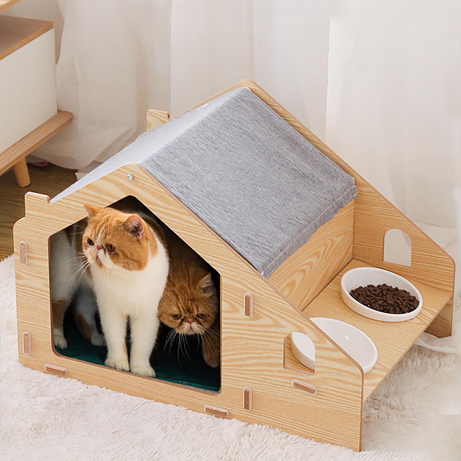 WUSILILU Cat House for Indoor Cat, 22.8 * 16.1 * 15.7inch Pet House Cat Cave with Mat and 2 Bowls, Pet Bed Condos Cabin with Cushion for Cats Up to 22 Lbs Or Dogs Up to 16.53 Lbs, Log Color