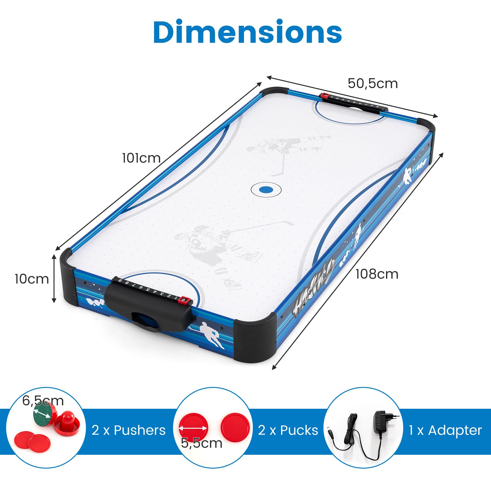 HOMASIS Tavolo da Air Hockey Elettrico, Tavolo da Gioco con Motore da 12V, Inclusi 2 Puck e 2 Slittini, Hockey da Tavolo per Bambini e Adulti, Blu+Bianco
