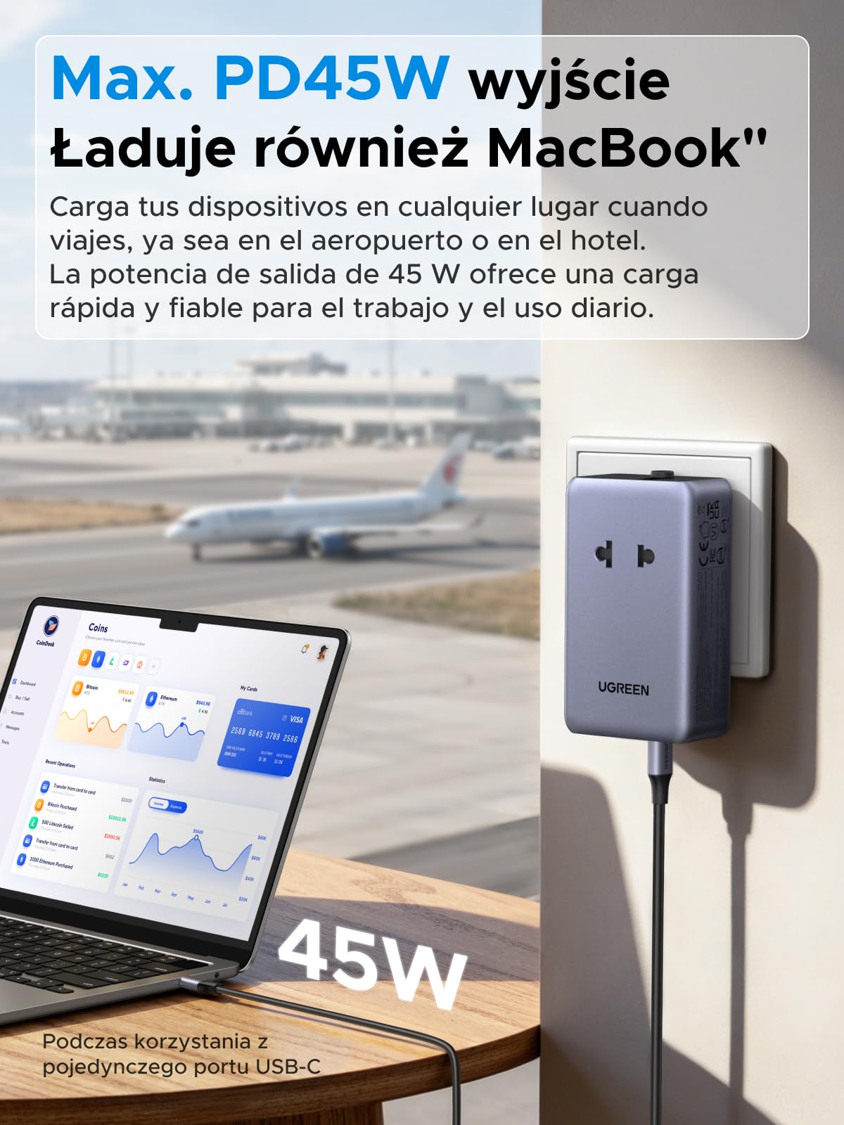 UGREEN Zasilacz podróżny 45 W, 6 w 1 z 2 USB C, 2 USB A i 2 AC | Międzynarodowe adaptery Typ I/A/C/G do EU/UK/US/AU, uniwersalne, kompaktowe i bezpieczne w podróży i na wakacjach