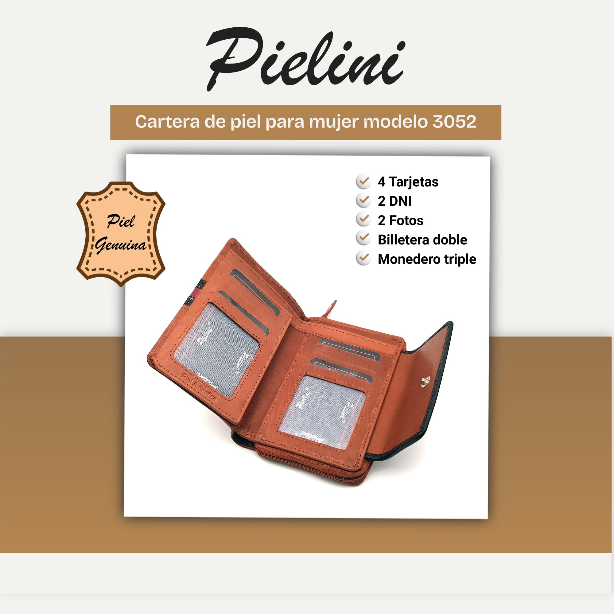 Pielini - Cartera de Piel para Mujer con Billetera y Monedero. Monedero de Gran Capacidad Modelo 3052 (Cuero)