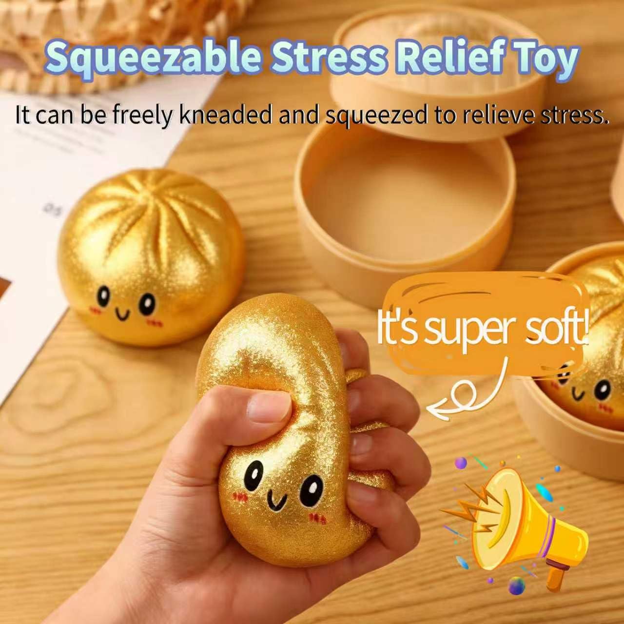 Glitter Dumpling Squishy, Colorful Dumpling Squishes Stress Balls with Steamer, Easter Gifts, Soft Squeeze Decompression Dough for Adults (Gold with Glitter) - 3