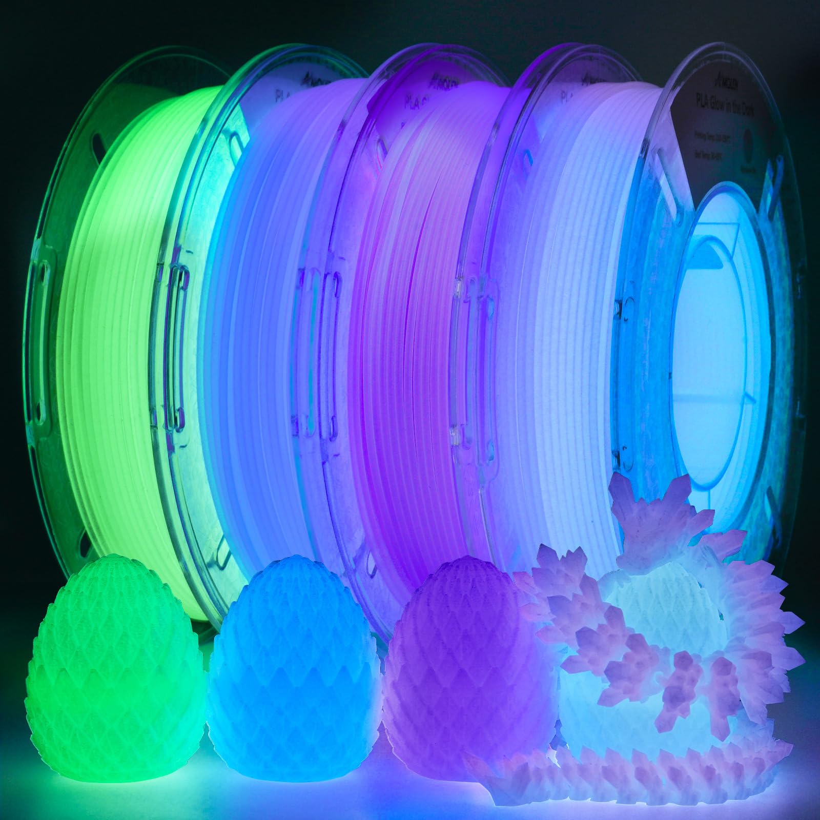AMOLEN Glow in The Dark Multicolor Fast Change 3D Printer Filament 1.75mm, 5 Meter Green, Blue and Blue Purple Bundle, 1.75mm PLA Filament, 3D Glitter Printing Filament 200g X 4 Pack