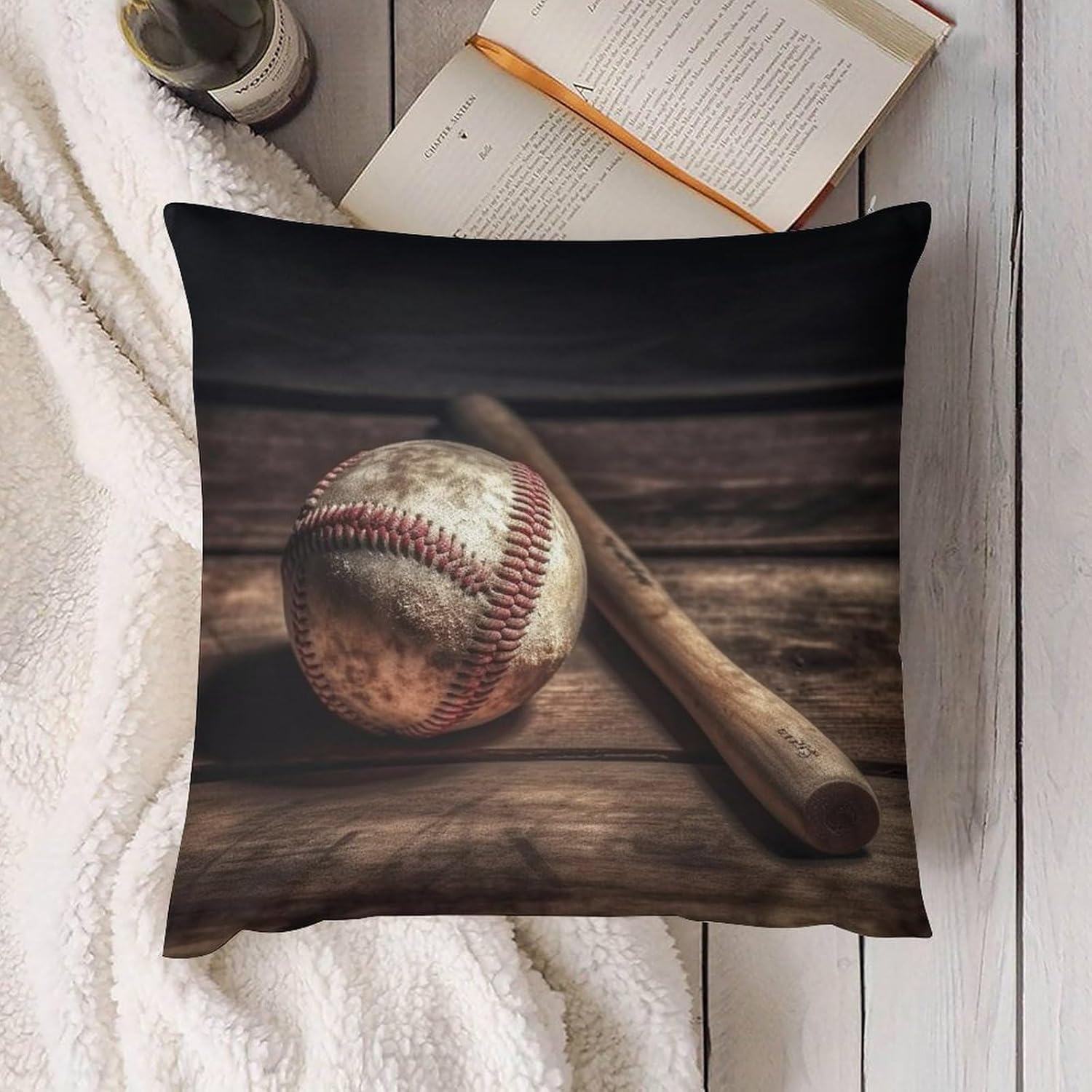 Zippered Pillow Cover, Pillow Protector, Baseball On Wooden Printed Pillow Cover of 4, Pillow Not Included