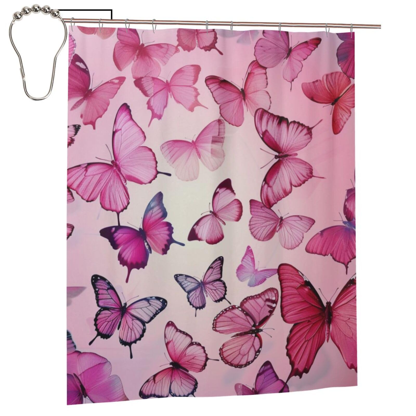 BWWHCCTI Butterflie Printed Shower Curtain With 12 Iron Hooks Opaque Quick Drying Waterproof Shower Curtains Sets For Bathroom 152x183 Cm