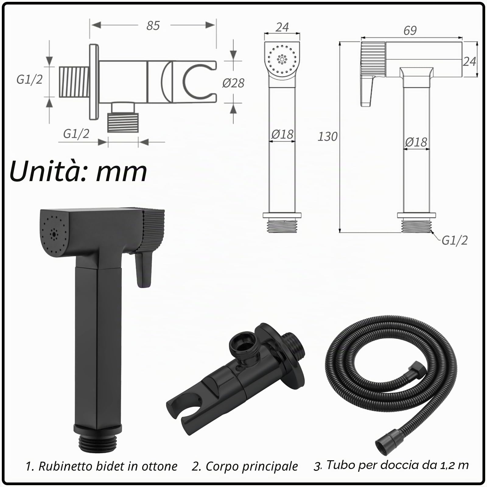 Doccetta per Bidet Nero Spruzzatore per Bidet Ottone Idroscopino per WC, con Uno Dentro Uno Fuori Valvola ad Angolo, Spruzzatore a Doppia Funzione in Ottone, 1.2M Tubo Doccia