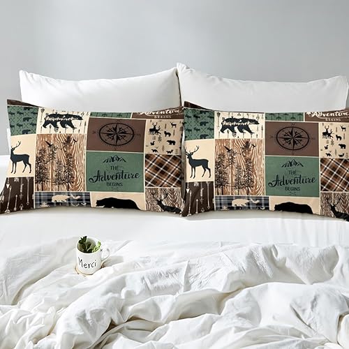 Miniatura 6 de Juego de edredón de oso de caza, ciervo, juego de ropa de cama a cuadros tamaño King, edredón rústico de retazos de cabaña para niños, adolescentes,