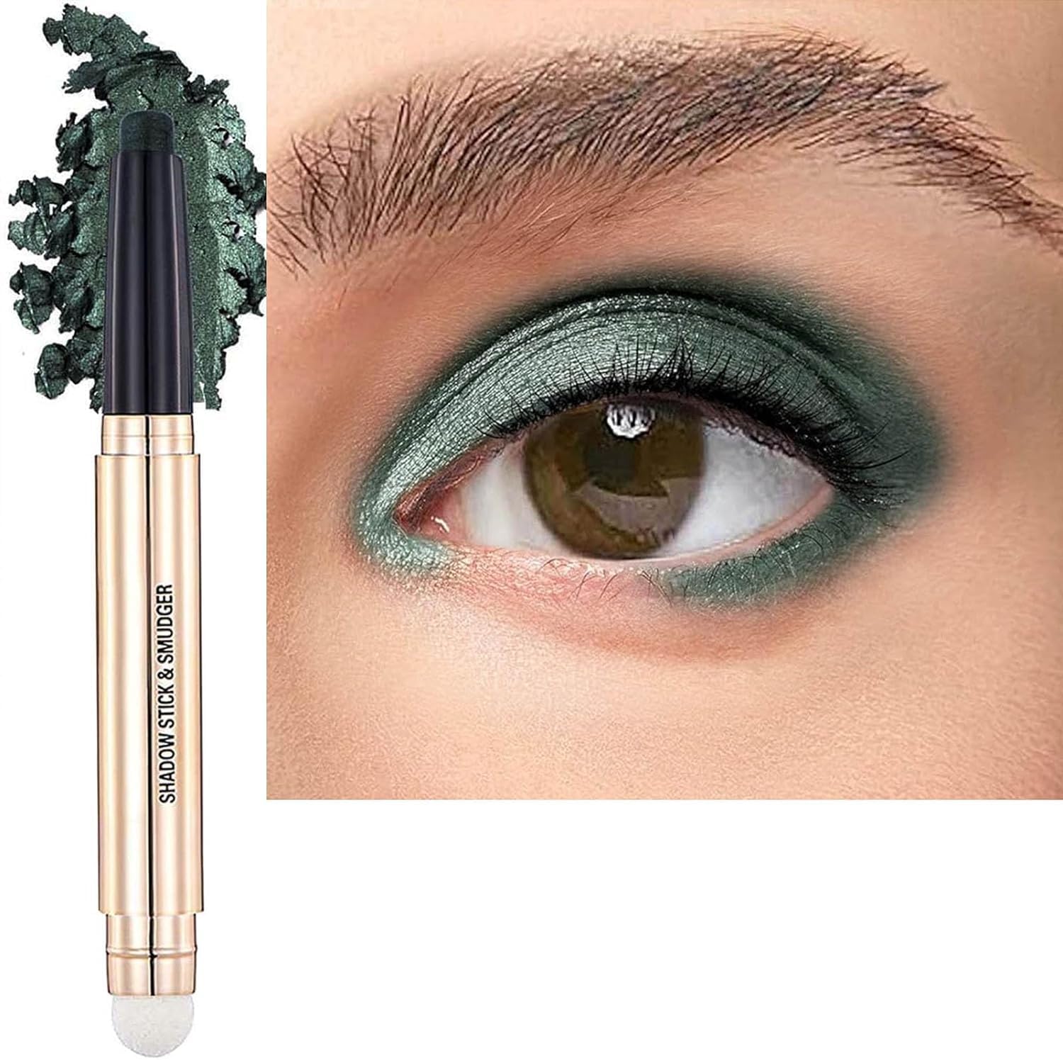 Green Eyeshadow Stick And Sponge Makeup Brush Cream Shimmer Smooth Shadow Pencil Eyeliner Long Lasting Waterproof Eye Shadow Highlighter Stick Hypoallergenic Multi-Dimensional Eyes Look ( # 11) Evergreen Shimme # 11