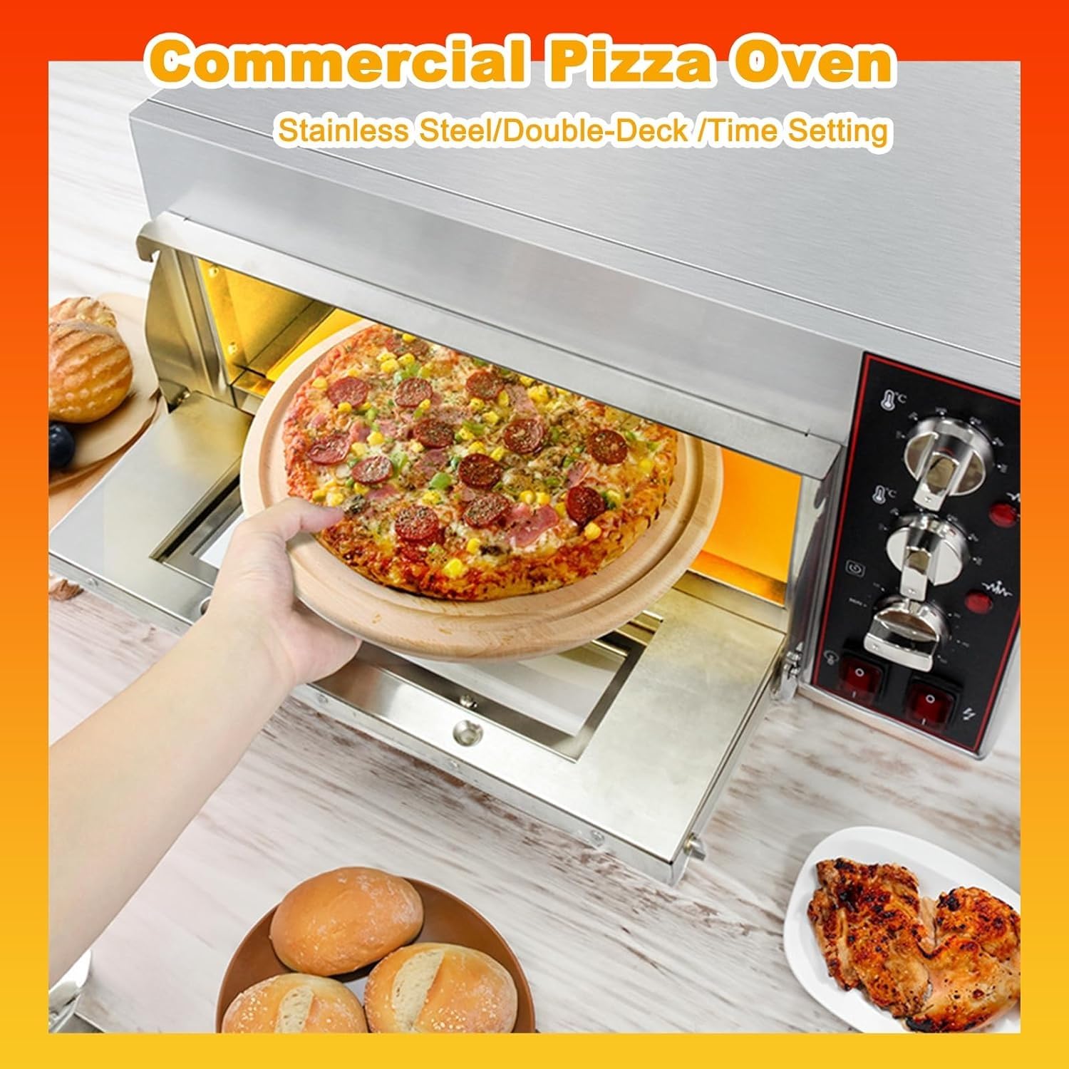 Forno elettrico for pizza commerciale, macchina for pizza in acciaio inossidabile da banco da 2000 W, temperatura regolabile da 50 a 350 ℃ e timer da 0 a 60 minuti, cuoci pizza da 16 pollici, tacchino