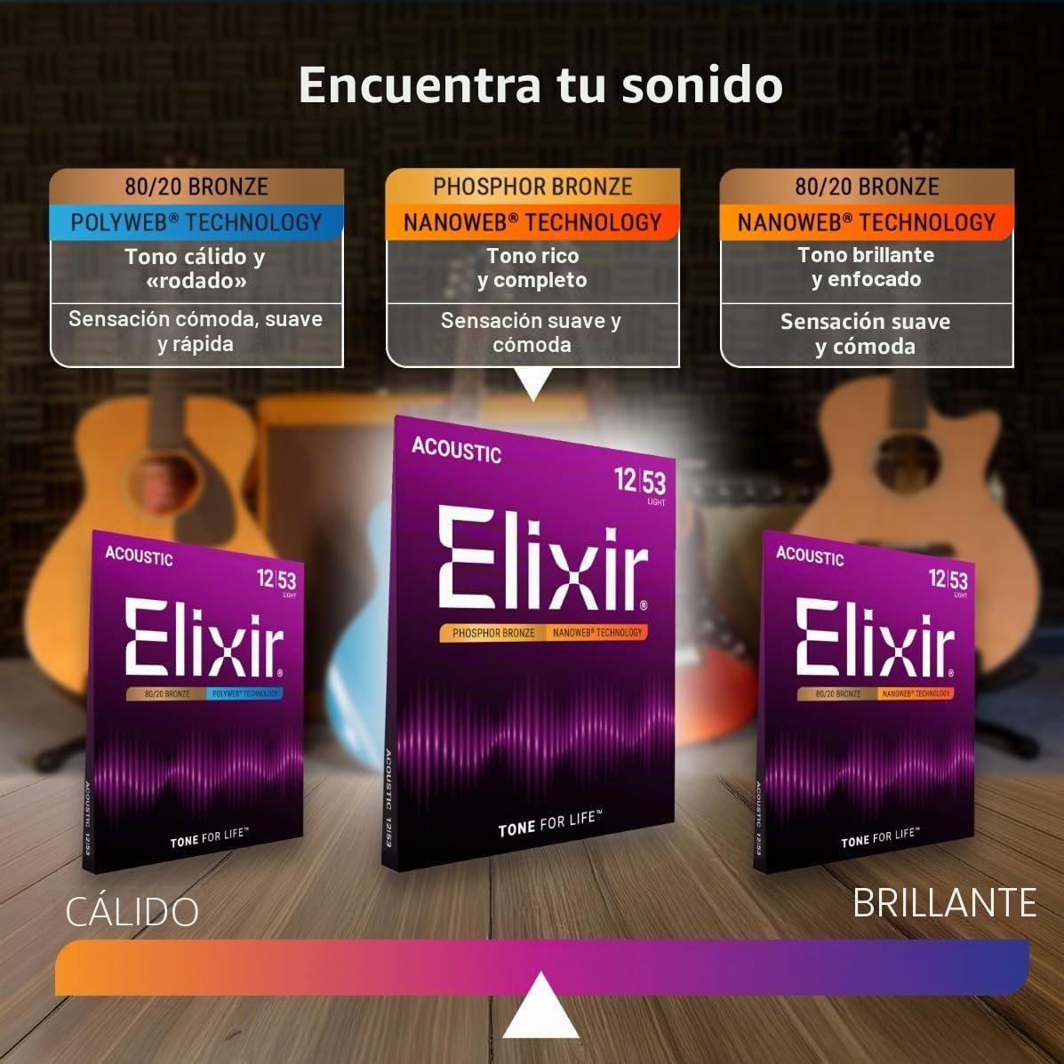 Elixir Cuerdas Strings de bronce fosforado para guitarra acústica con tecnología NANOWEB, medianas (.013-.056), paquete de 4 unidades especial de Amazon