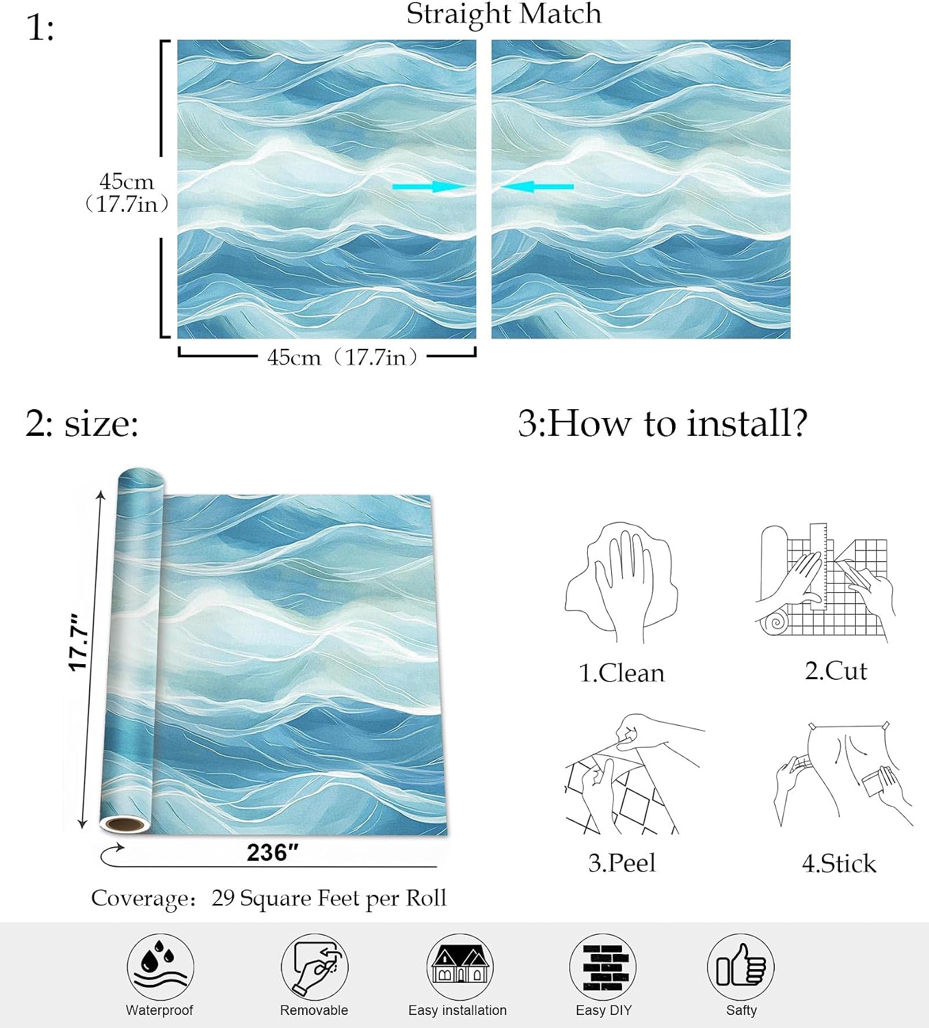 Ocean Wave Peel and Stick Wallpaper, Abstract Blue Water Ripple Wallpaper for Modern Coastal Decor | Self Adhesive Vinyl 17.7" x 236"