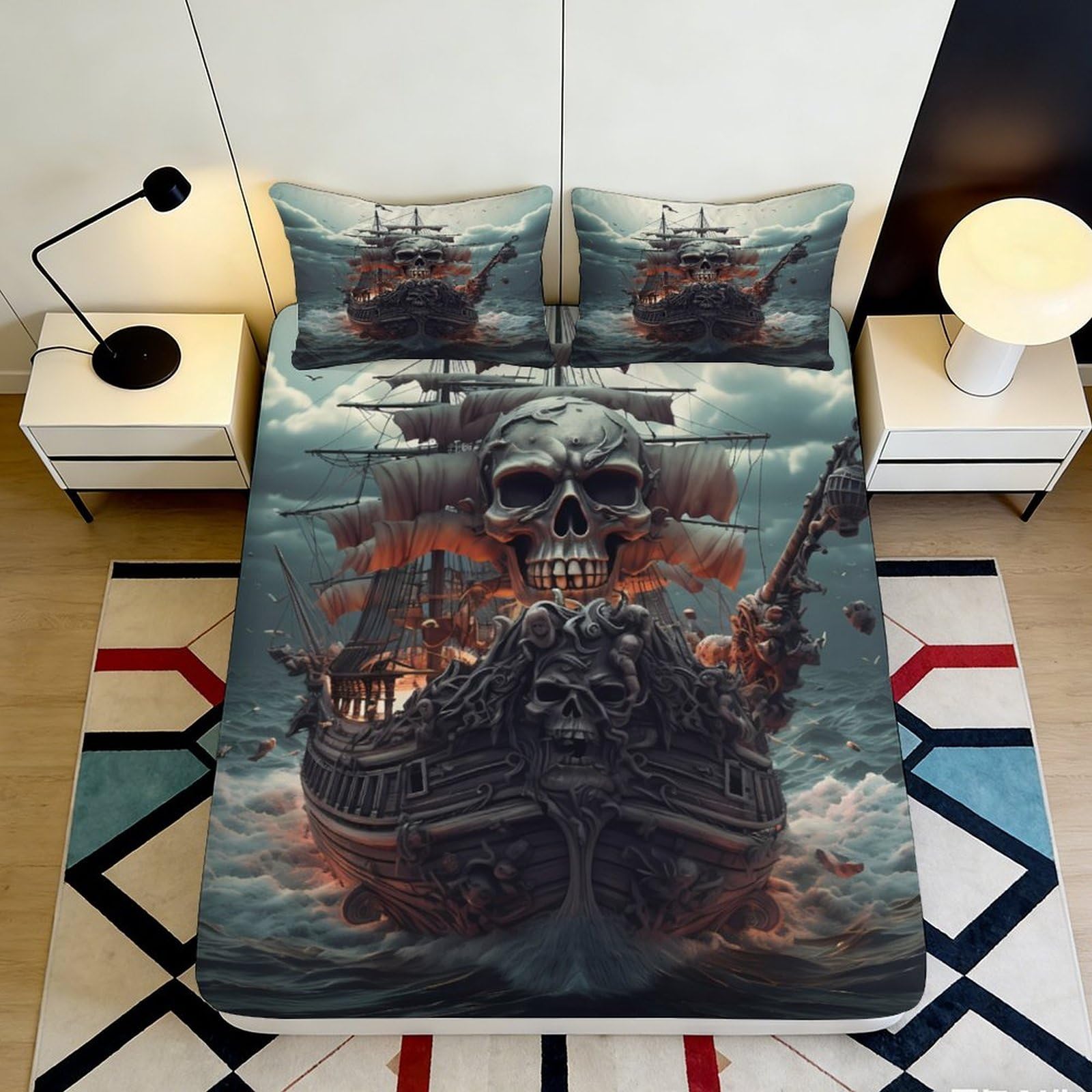 3D Printed Pirate Skull Ship Fitted Sheet Microfiber Soft Durable 3D Printed Gothic Ship Bed Cover for Bedroom Dormitory Guest Room Mattress Protection 120x200x25cm