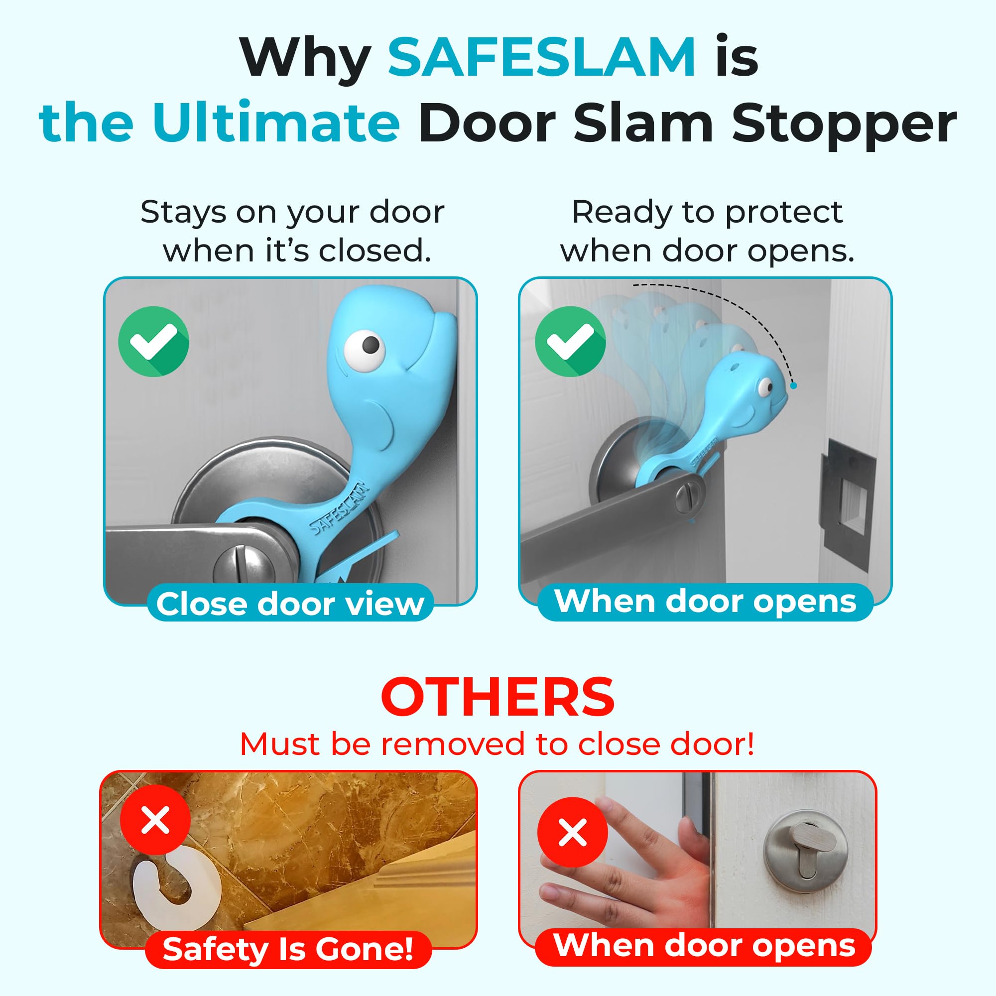 Protector de seguridad para niños – Stop Door Slams – Fácil de instalar en pomos y manijas de puerta – No requiere herramientas – Portátil – Protege las colas de perros y gatos (gris, rosa,