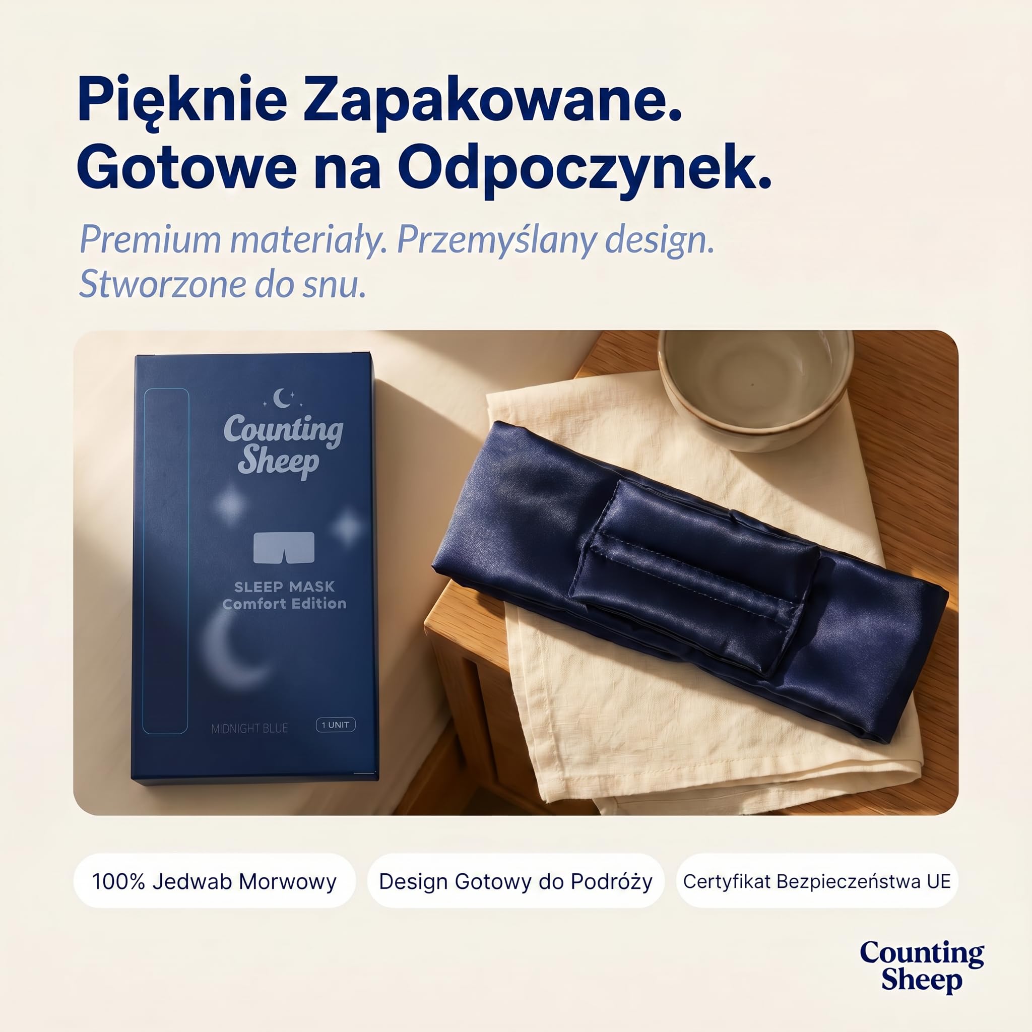 Jedwabna Maska do Spania dla Kobiet i Mężczyzn – Counting Sheep | 100% Jedwab Morwowy, Pełne Zaciemnienie | Miękki Regulowany Pasek, Przyjazny Włosom | Podróż, Hotel, Śpiący na Boku | Edycja Comfort