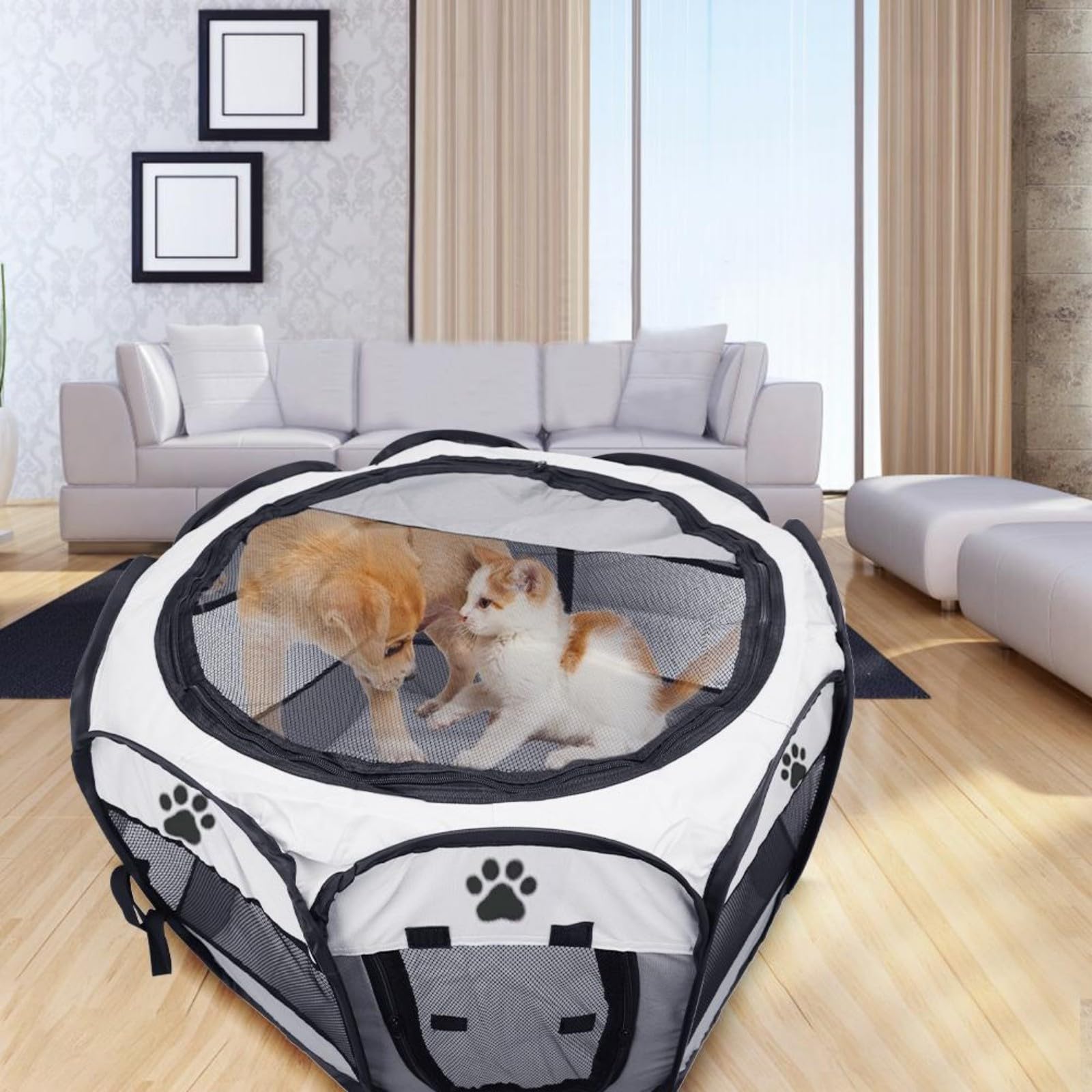Recinto para perros y gatos plegable 74 x 73 x 43 cm, caja para cachorros para perros, gatos, conejos y pequeños animales al aire libre (gris)