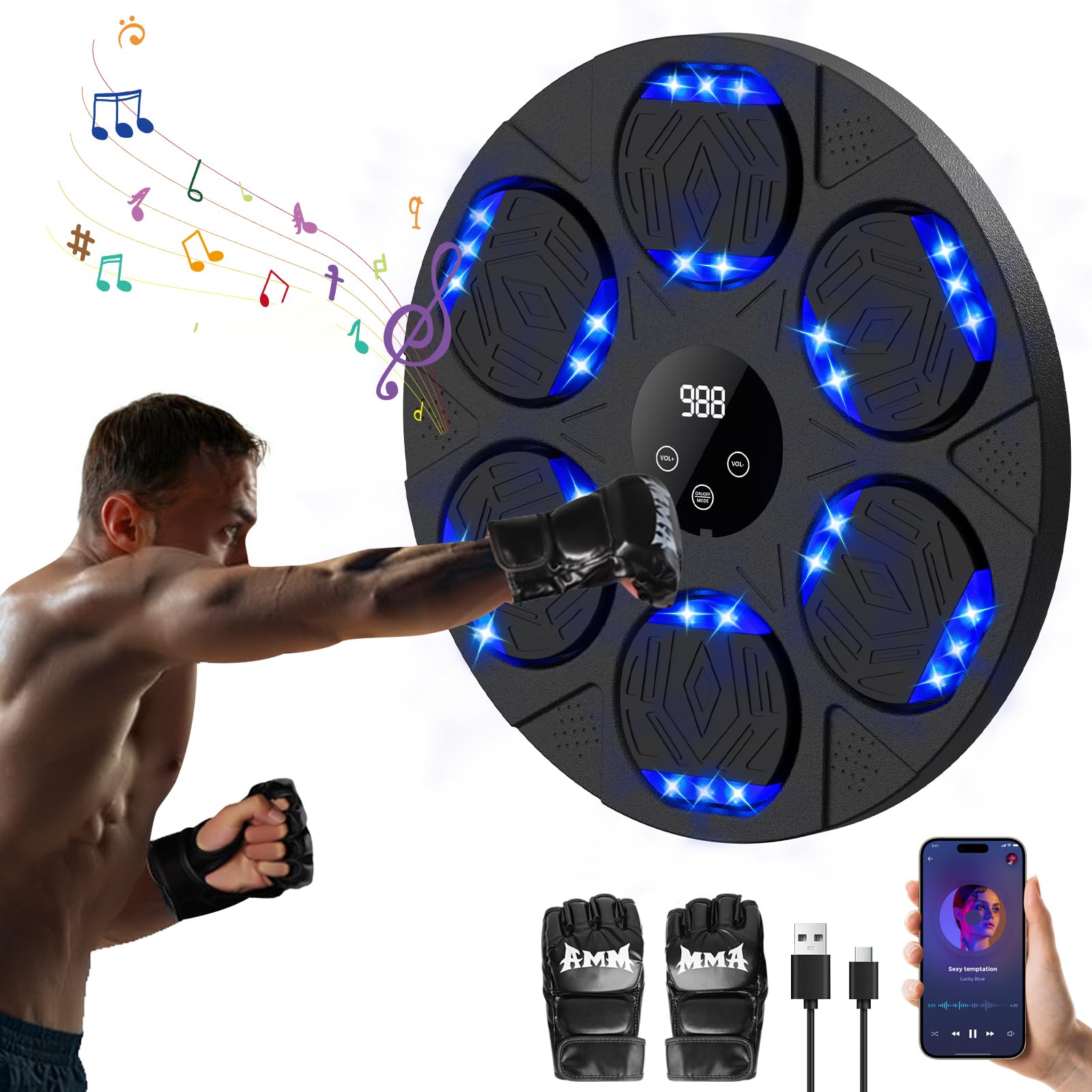 Music Boxing Machine, Smart Musical Boxing Machine with Gloves, Punching Machine Wall Mounted with Led Light & Bluetooth, Music Punch, Boxing Equipment for Kids and Adults (Black A)