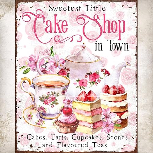 Biopracess Tin Signs Vintage Cake Shop Sign Cupcakes Tarts Tea Cup Bakery Sign Making Metal Sign Retro Vintage Tin Sign Metal Poster Wall Art Decor 8x12 Inches