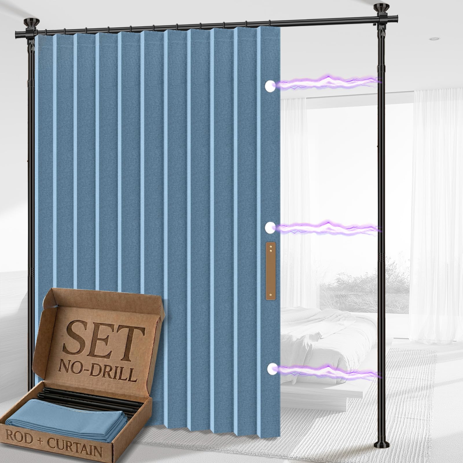 AJAZZ Room Divider Curtain (Blue, W100 x L84 in, 1 Panels)+ Tension Curtain Rod No Drilling (H) 43-120×(W) 35-100 in, for Privacy/Soundproof Curtains, Heavy Duty Wall Separator