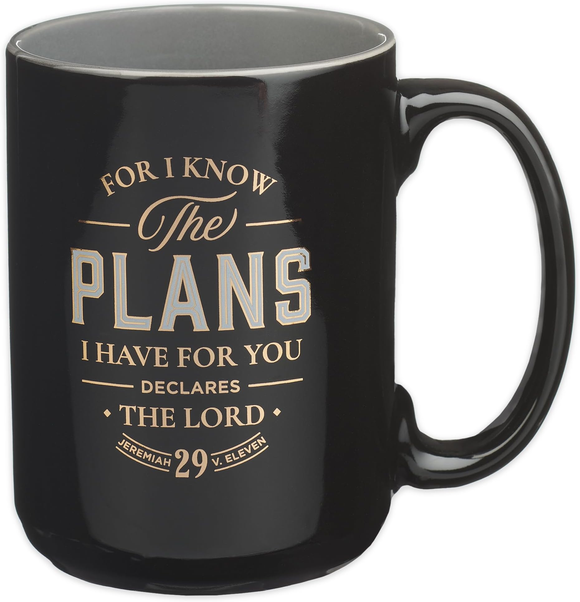 Large Inspirational Scripture Ceramic Coffee & Tea Mug for Men & Women: Know the Plans Encouraging Bible Verse, Sturdy Novelty Hot Beverage Cup, Black, Charcoal Gray & Gold, 14 oz.