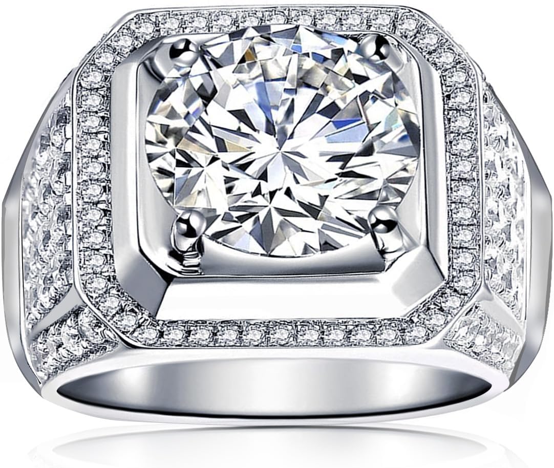 Men Moissanite Ring 2-5 Carats Solitaire Moissanite Wedding Sterling Silver with 18K White Gold Plated D Color VVS1 Clarity Brilliant Round Cut Moissanite Engagement Anniversary Jewelry for Men Size 7-12
