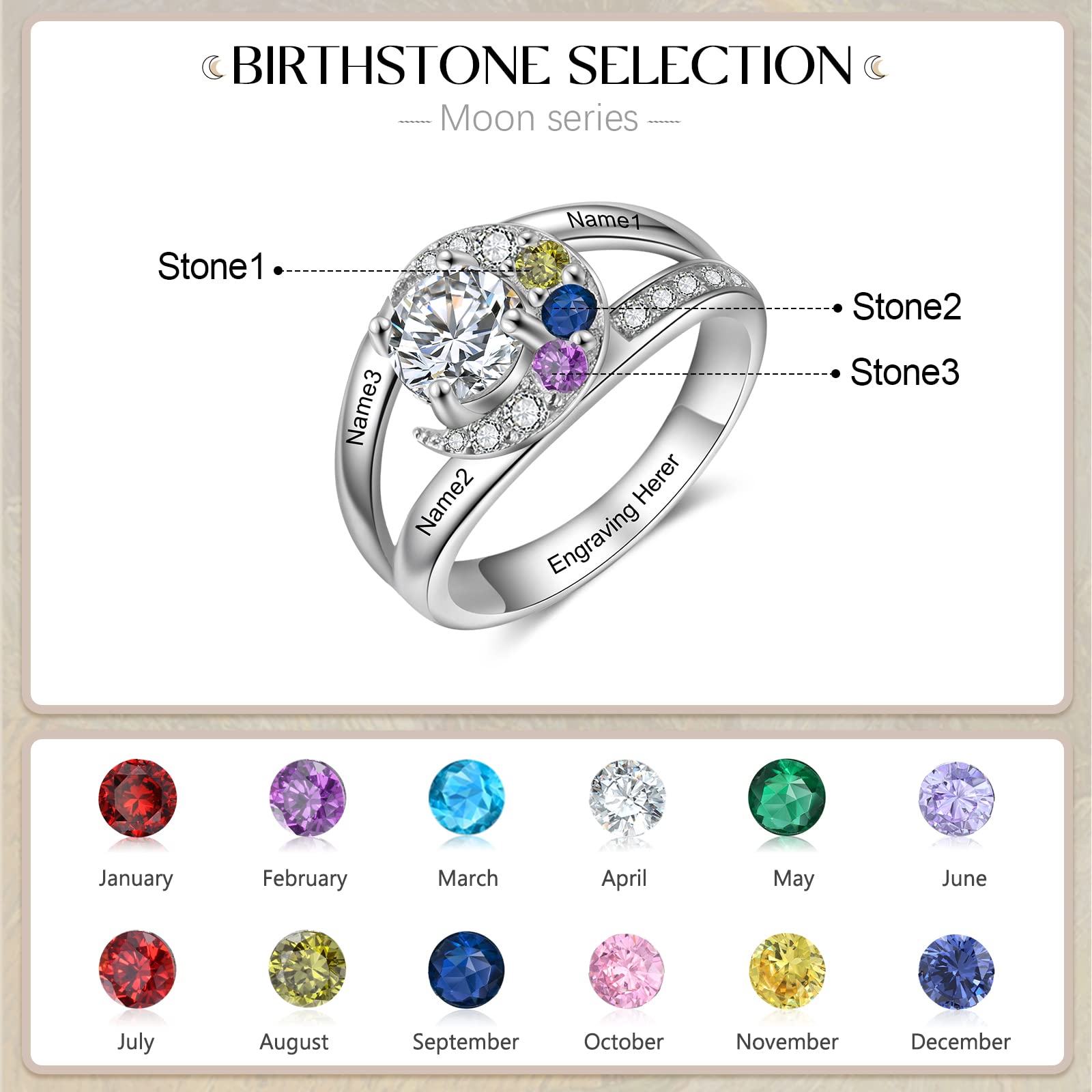 Lam Hub Fong Personalisierter Silber 925 Damen Ringe mit 2-4 Namen eingraviert Ringe mit 12 Geburtssteinen Versprechen Ringe Personalisierter Ringe für Sie (3stone8#