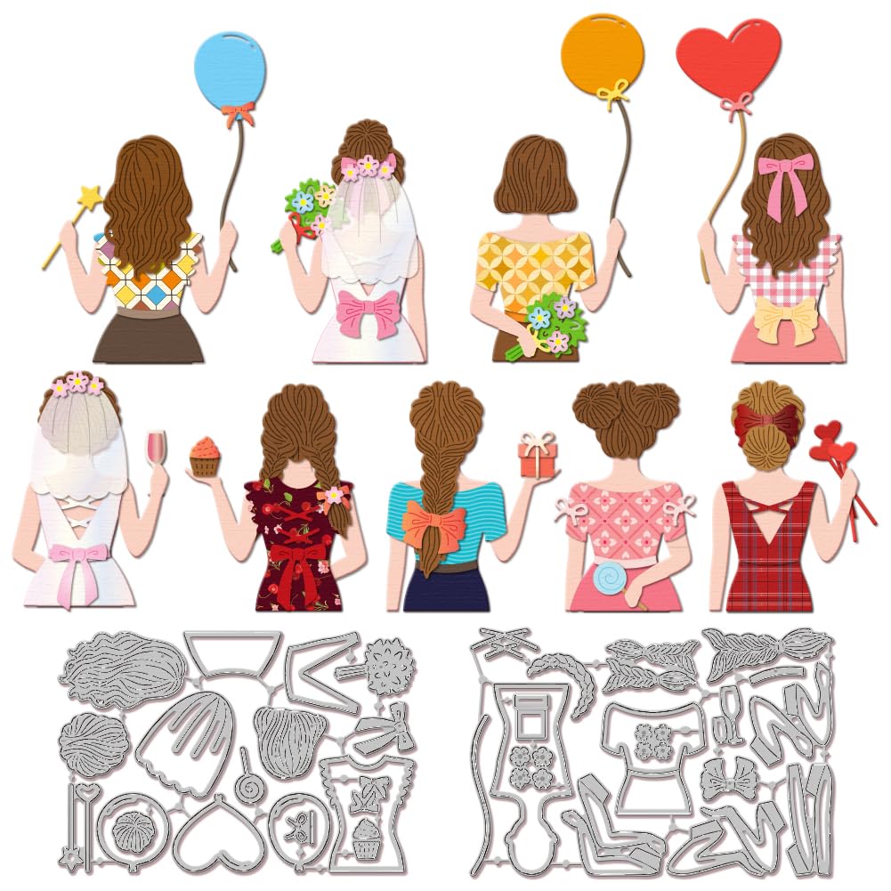 GLOBLELAND Lady Back Cutting Dies for DIY Scrapbooking Metal Women Clothes Cut Dies Bouquet Balloons Die Cuts for Card Making Embossing Photo Album Craft Decor