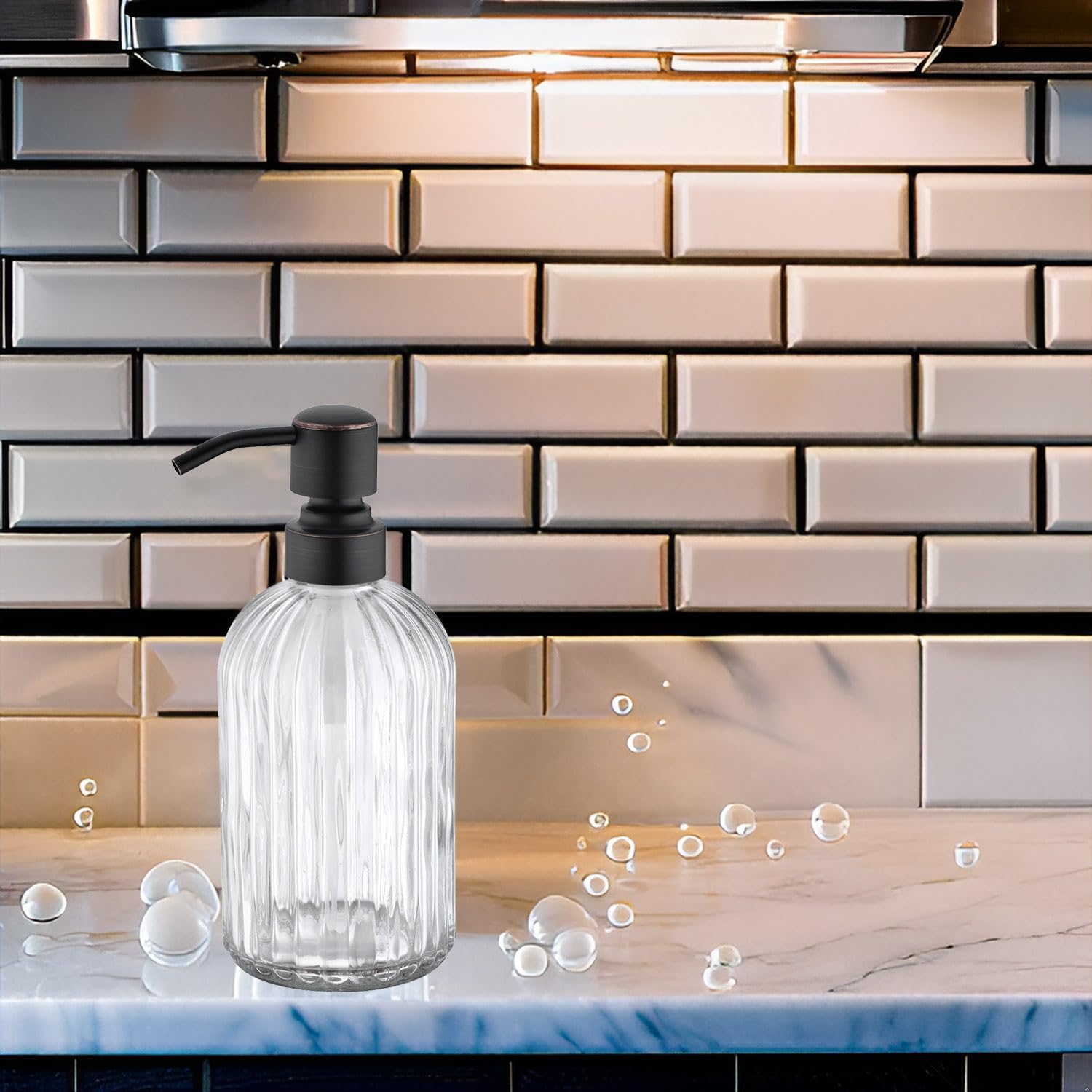 Aspasia Glass Soap Dispenser, Clear Glass Bottle with Rust Proof Stainless Steel Pump, Refillable Liquid Hand Soap Dispenser for Bathroom, Kitchen, 15 Oz, Oil Rubbed Bronze - Image 4