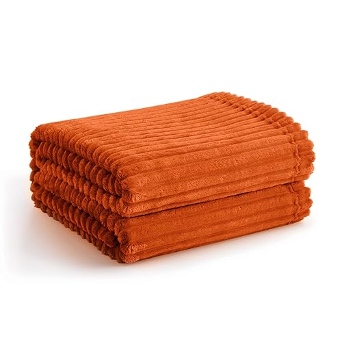 Vessia Flannel Fleece Orange Throw Blanket for Couch, Lightweight Warm Cozy Soft Striped Bed Throw for Adults and Kids, Microfiber Ribbed Sofa Blanket for All Season - Burnt Orange - 50x60 inch