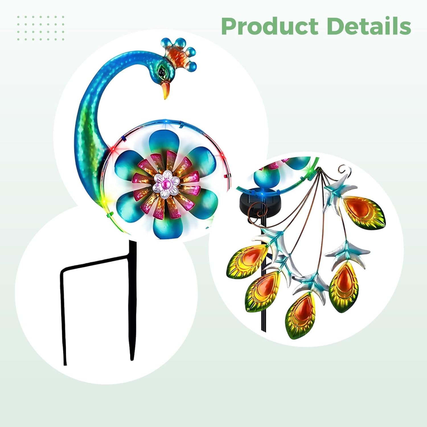 Multicolor Peacock Windmill, Metal Kinetic Art, Solar Wind Spinner, Outdoor Garden Decor, Jewel Accents, Stake Light for Lawn and Yard