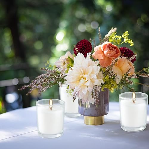 Miniatura 7 de Paquete de 20 velas votivas rellenas de vidrio transparente sin perfume de color blanco cálido. Vela de cera vertida a mano, regalo ideal para