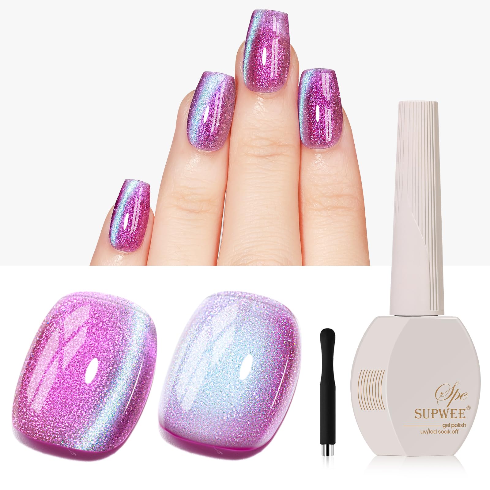 SUPWEE Cat Eye UV Gel mit Magnet, 15ML Cat Magnetisch Eye Gel Nagellack Lila Holographisch Schimmer Glitzer Katzenaugen-Effekt UV Nagellack für DIY Nail Art Maniküre Salon