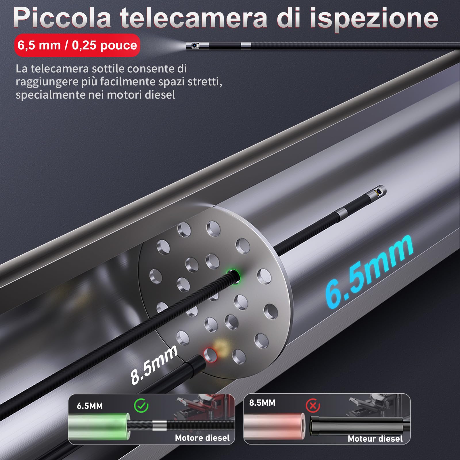 Ralcam Telecamera Endoscopica con Luce, Borescopio Doppio 6,5 mm con Testa Mobile 180°, Schermo HD IPS da 5", Telecamera di Ispezione Impermeabile IP67 con Cavo Semirigido da 1,5 m