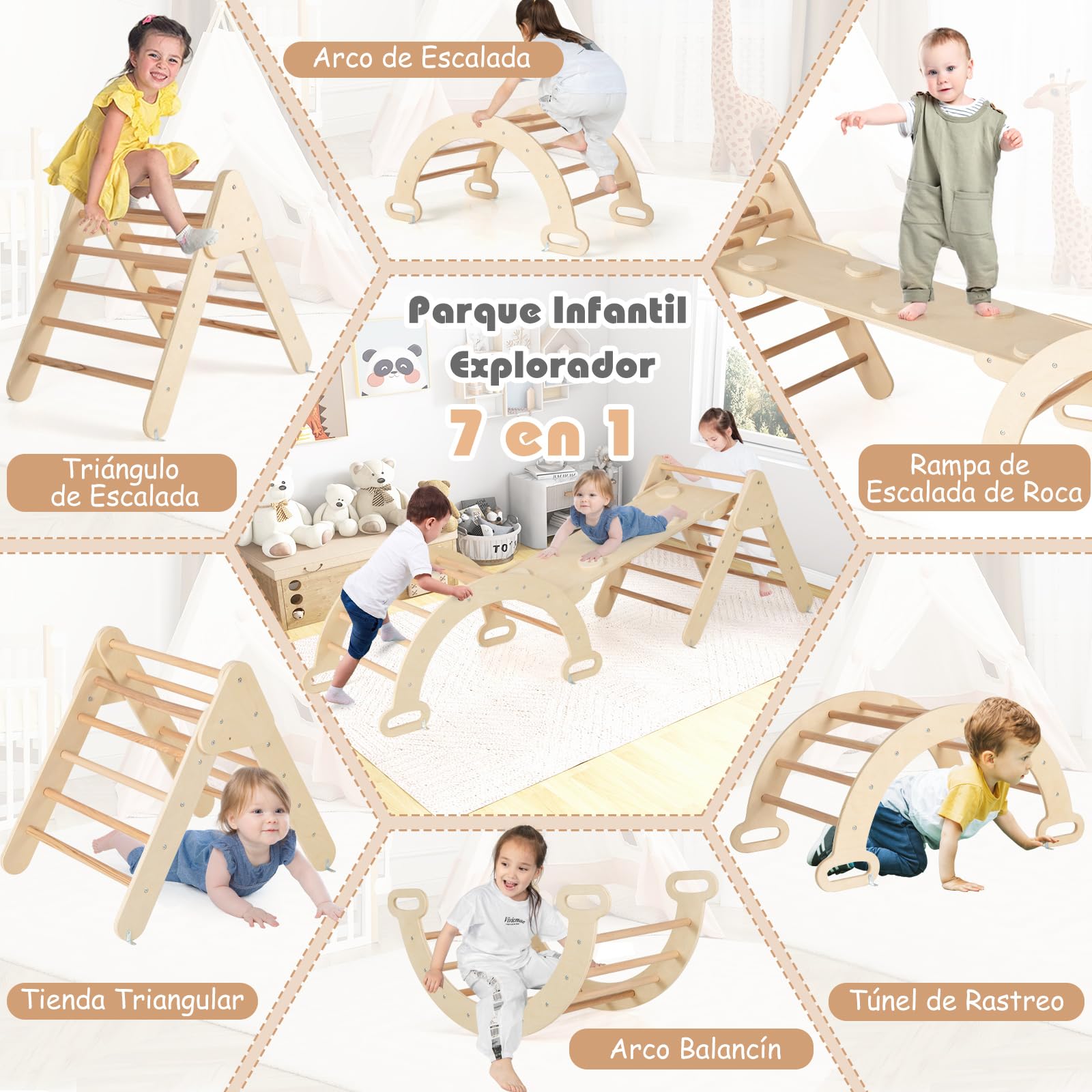 COSTWAY 7 en 1 Triángulo de Escalada de Madera para Niños, Juego de Escalada con Triángulo/Arco/Rampa para Deslizarse o Escalar, Set de Escalada Montessori para Niños 1+ Año, Natural (Ancho 55cm)