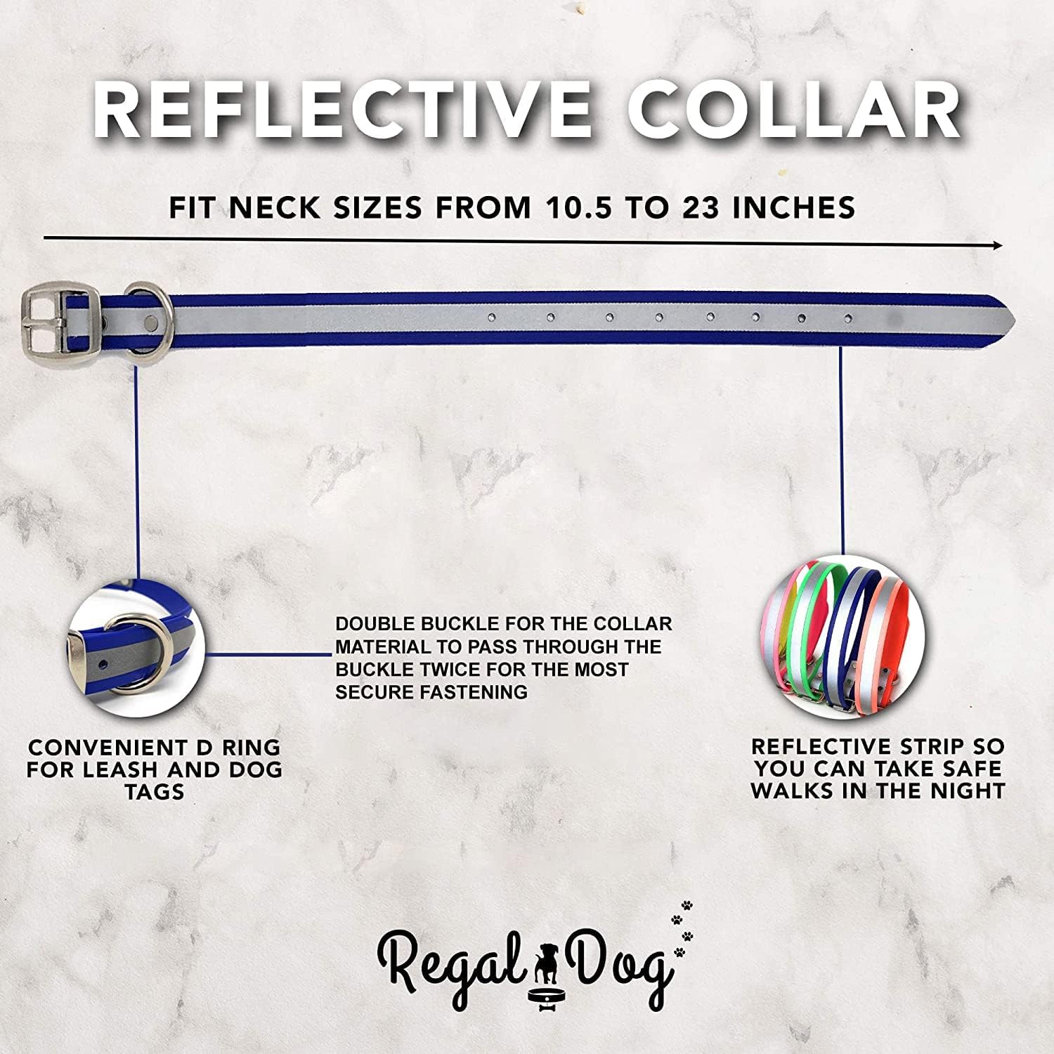 Regal Dog Products Large Blue Reflective Dog Collar with Custom Engraved Name Plate | Waterproof Biothane Personalized Dog Collars with D Ring & Double Buckle - Other Sizes for Small & Medium Dogs