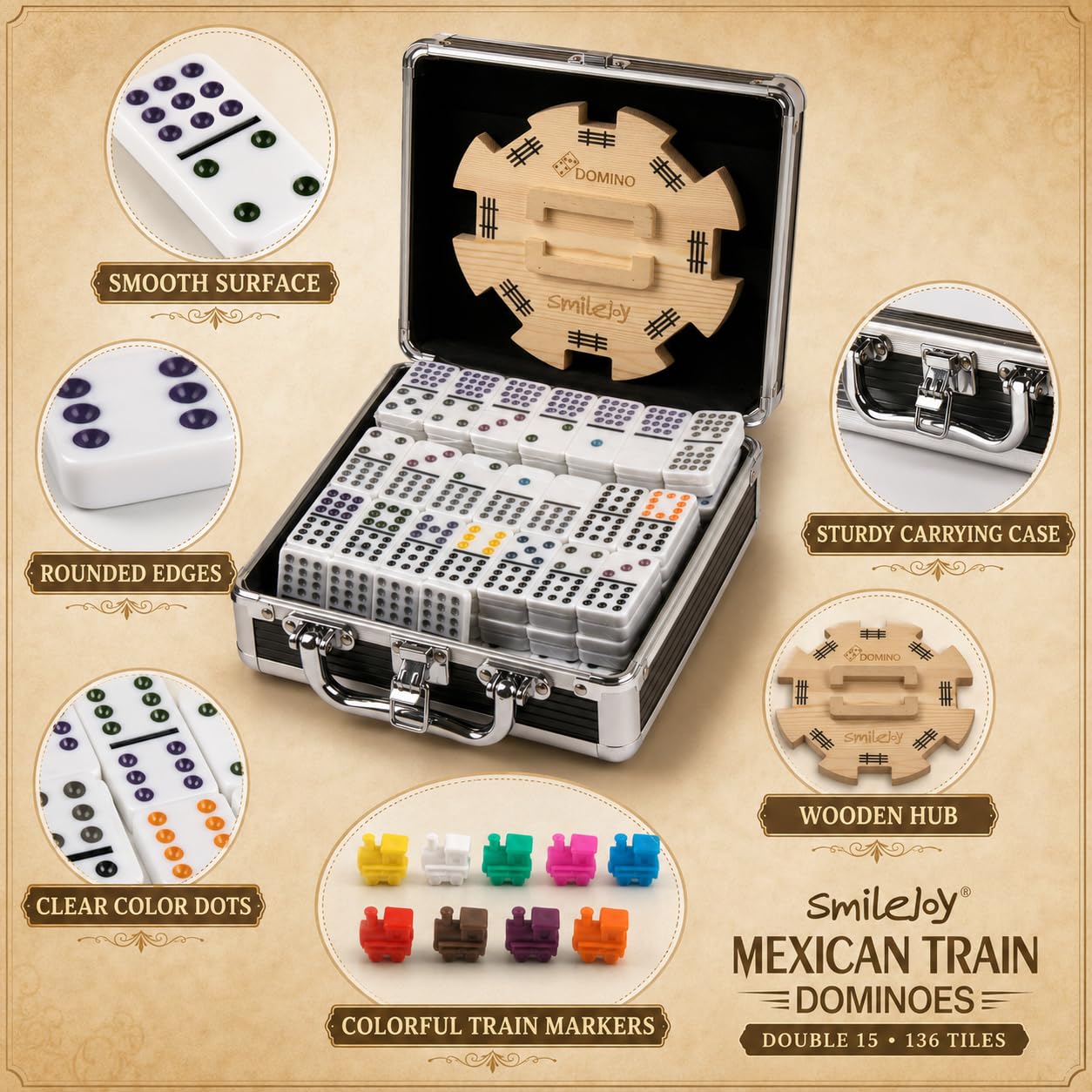 Smilejoy Dominó de tren mexicano, juego de dominó doble de 15 colores con caja de aluminio, juego de tren mexicano, 136 fichas de dominó de puntos (2-10 jugadores)