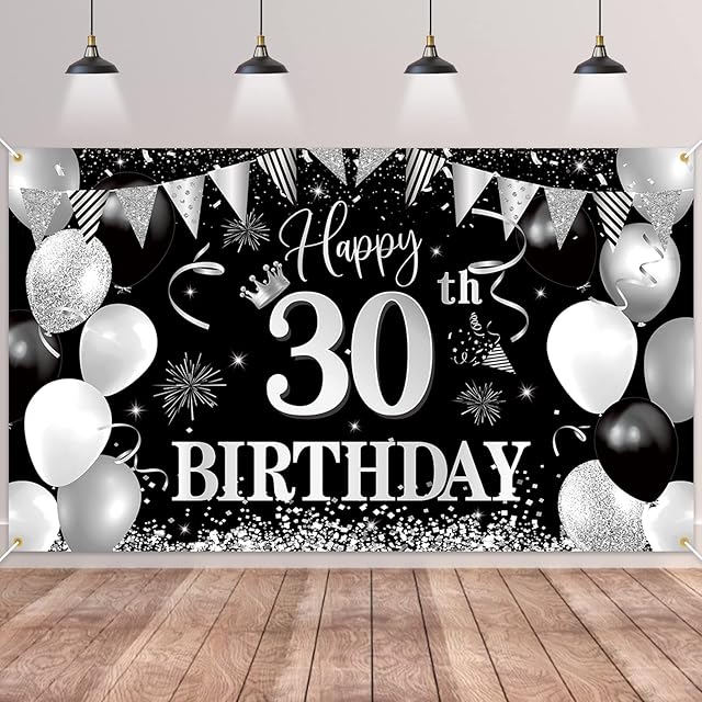 30th Birthday Backdrop Banner,BTZO Happy 30th Birthday Decorations,Black Silver Fabric Photo Backdrop Background for Men and Women 30th Birthday Party,180×110cm