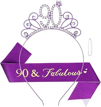 Casoty Purple 90th Birthday Sash and Tiara for Women, 90 and Fabulous Sash and Crown Set,Party Supplies, Womens 90th Birthday Gifts