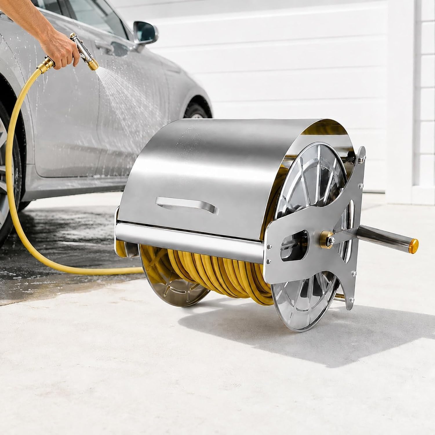 Avvolgitubo da Giardino 2 in 1, Fissabile a Parete e su Treppiede, Struttura in Acciaio Inox, Manovella Scorrevole, Fino a 50 m per Tubo 1/2 Pollice, Accessori, 20m, 20m