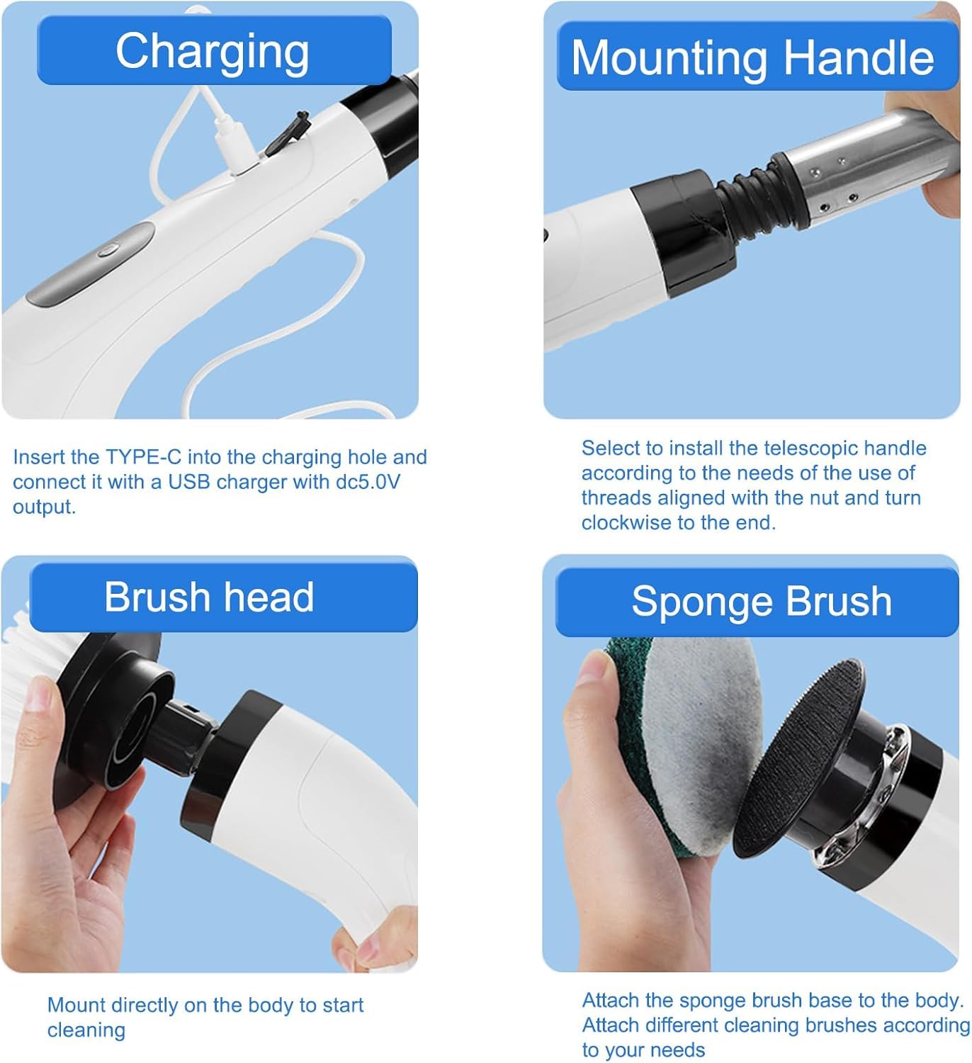 Zjyufy Electric Cleaning Brush Wireless Electric Rotary Scrubber with 8 Brush Heads Adjustable Handle Cleaning Brush for Tiles Shower Bathroom Kitchen and Floors - Image 4