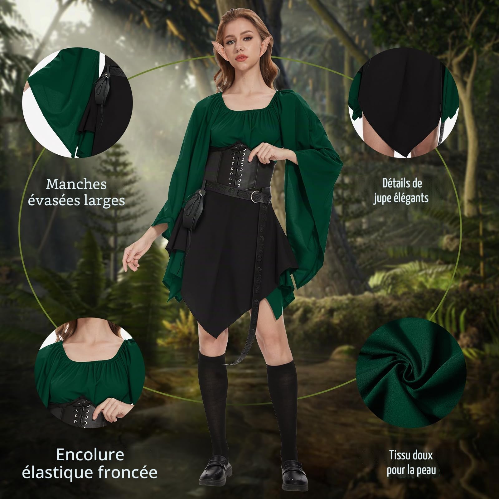 Vêtements médiévaux pour femme | Robe gothique à capuche, robe irlandaise Renaissance elfe cosplay, ensemble complet accessoires