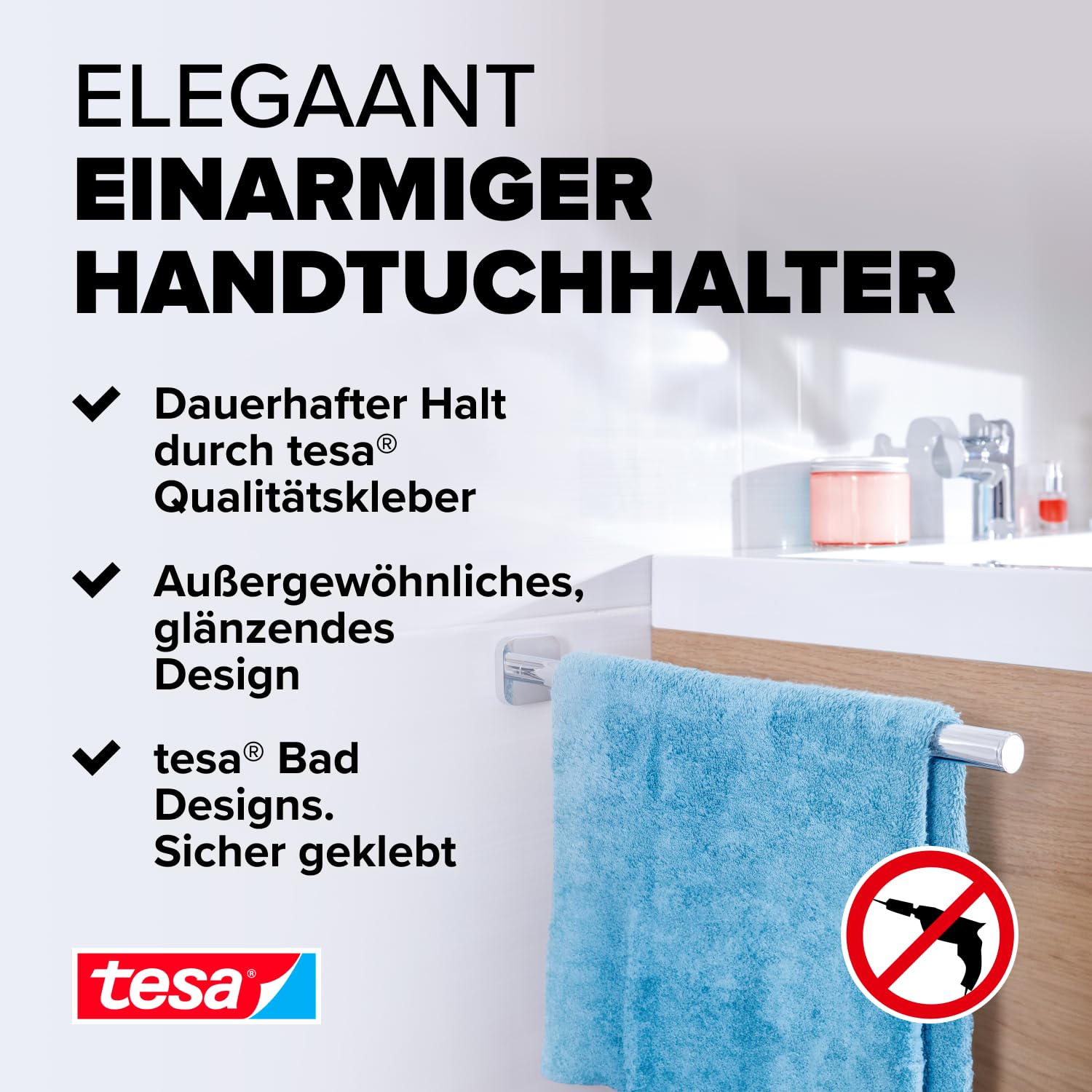 tesa ELEGAANT Bad Handtuchhalter, EIN Arm, verchromt - rostfrei, zur Wandbefestigung ohne Bohren, inkl. Klebelösung - 50 mm x 50 mm x 400 mm