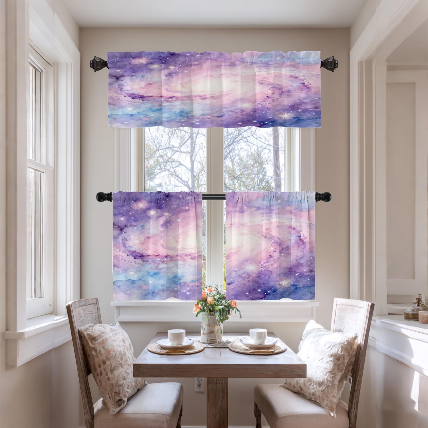 Pink Purple Abstract Galaxy Kitchen Valances for Windows,Tie Dye Starry Sky Hotpink Art Blackout Valances Curtains Multilayer Polyester Drapes for Kitchen Bedroom 2 Pack 52X16 Inches