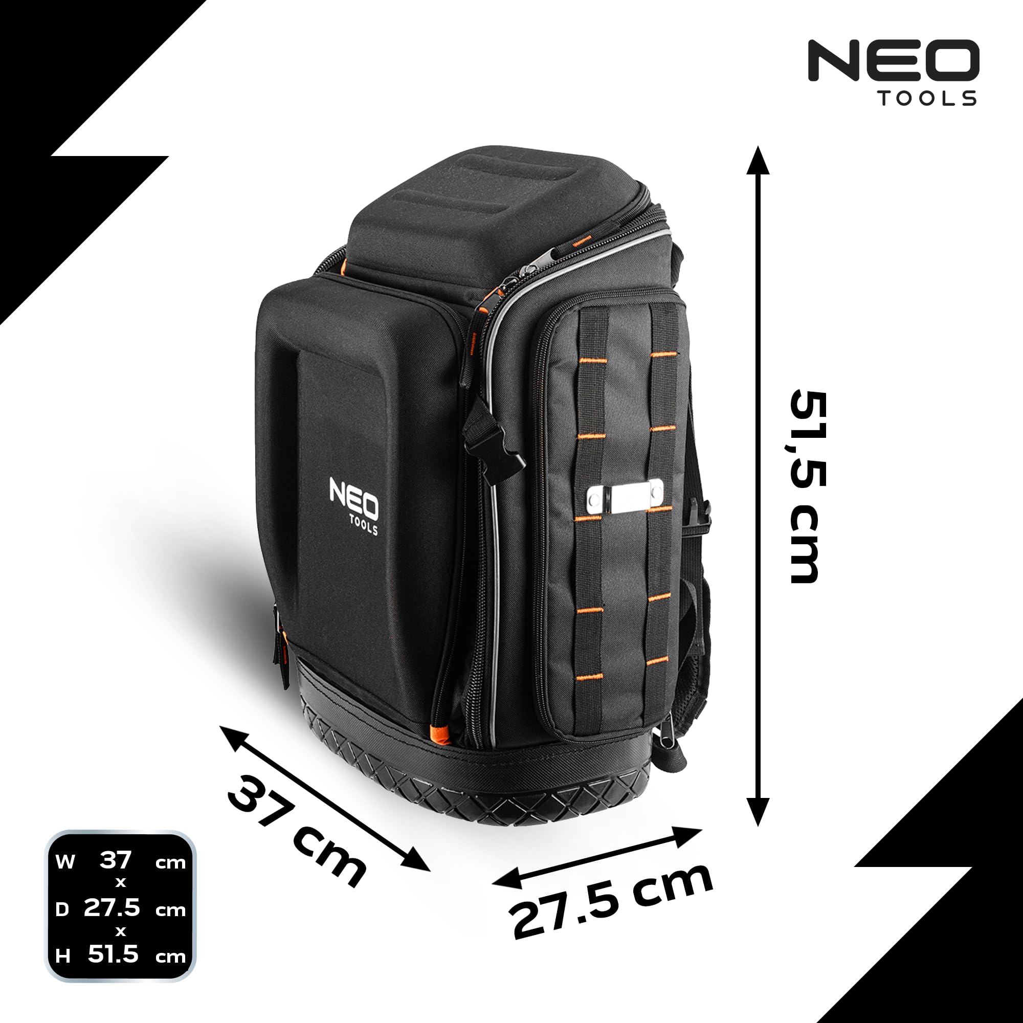NEO TOOLS Sac à dos à outils 20 l I Poches pour accessoires | Sac à dos à outils avec fond en caoutchouc, sac à dos robuste avec renfort pour électriciens, plombiers, travailleurs d'entretien 26