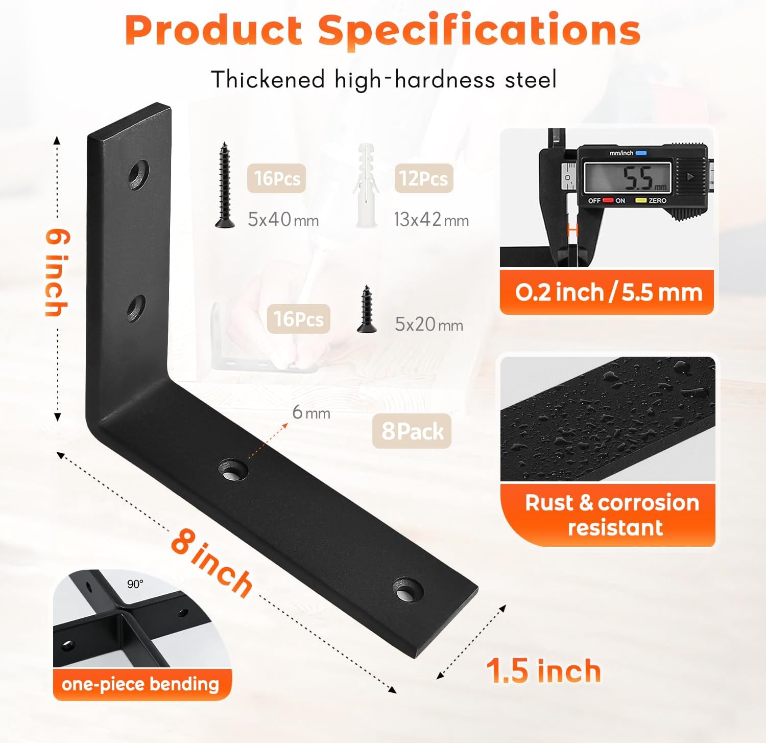WINKER Shelf Bracket 8 Pack 8" Lx8 Hx1.5 W 5mm Thick Heavy Duty Black 8 Inch Metal Iron L Brackets for Wall Shelves