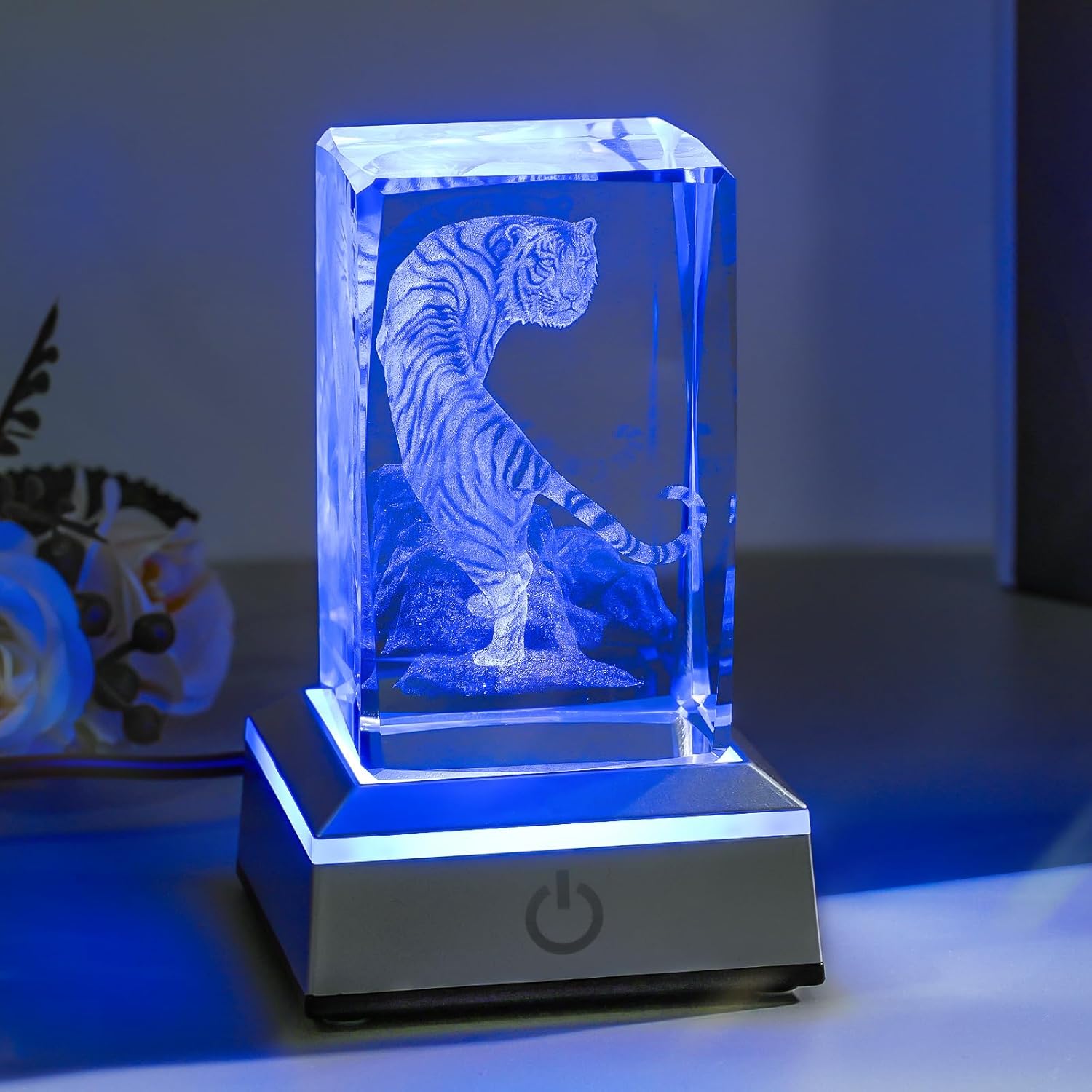 3D Tiger Crystal Night Light with Multicolor LED Base Glass Laser Engraved White Tiger Lamp Figurines Gifts for Boys Girls Lovers Birthday Christmas Room Decor