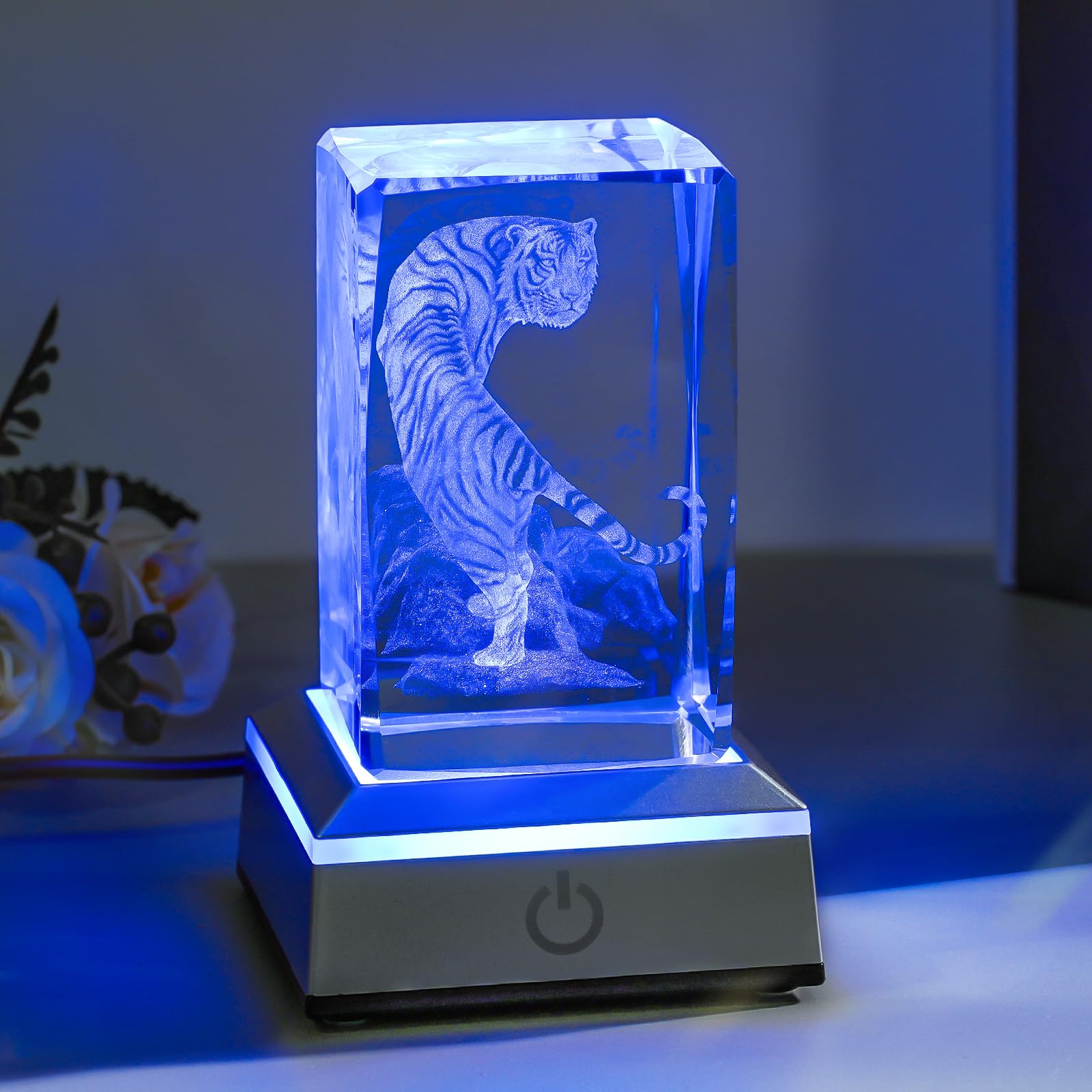 Eicxjui 3D Tiger Crystal Night Light with Multicolor LED Base