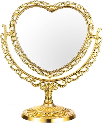 Lurrose Espejo de maquillaje de mesa espejo de tocador de escritorio de pie espejo cosmético giratorio para mesa de escritorio dorado