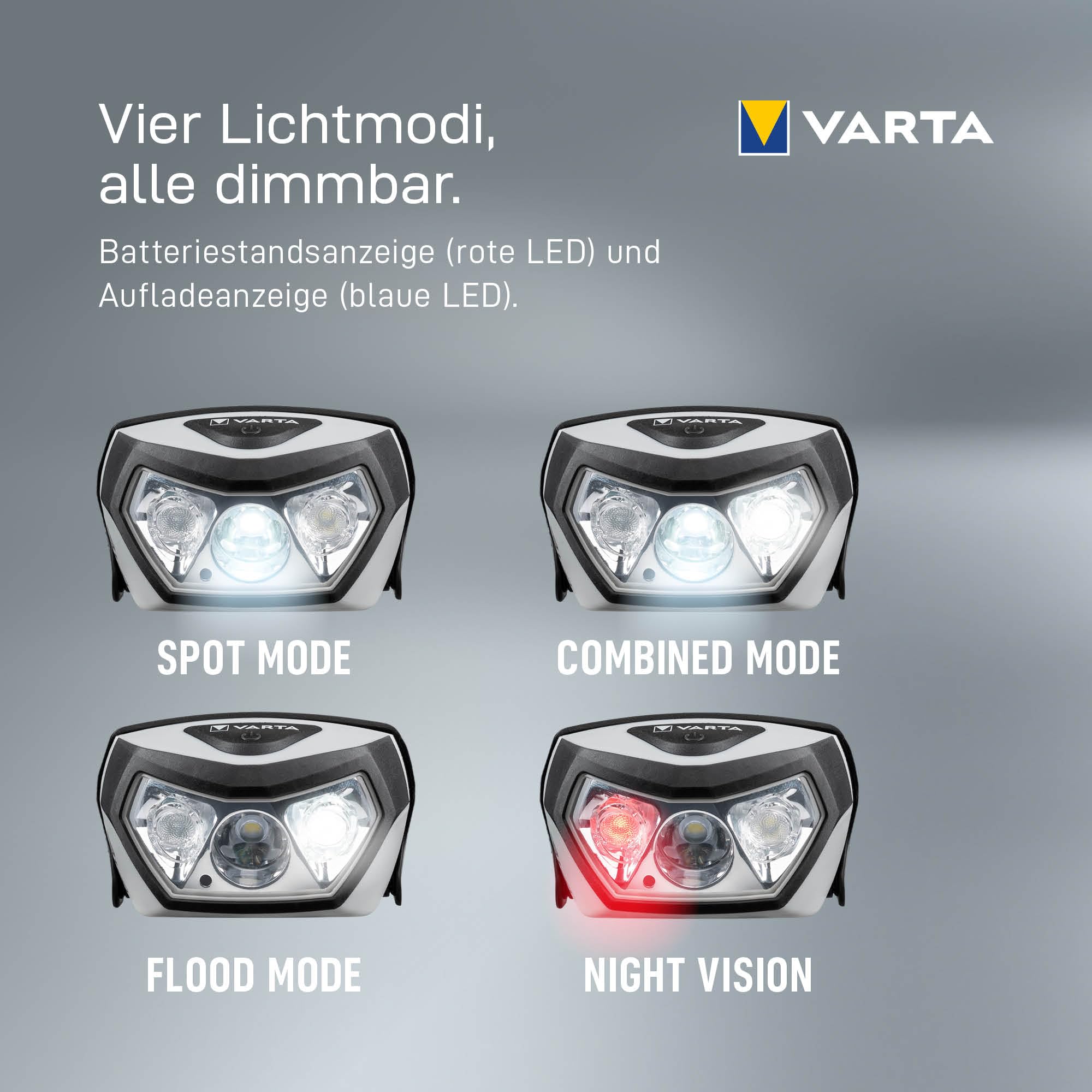VARTA Stirnlampe LED, wiederaufladbare Kopflampe, Outdoor Sports H30R Wireless Pro, kabelloses Laden, wasserdicht, schwenkbarer Kopf, Dimmfunktion, ideal für Camping, Joggen, Wandern | Outdoor Sports H30R Wireless Pro, schwenkbarer Kopf, Dimmfunktion, für