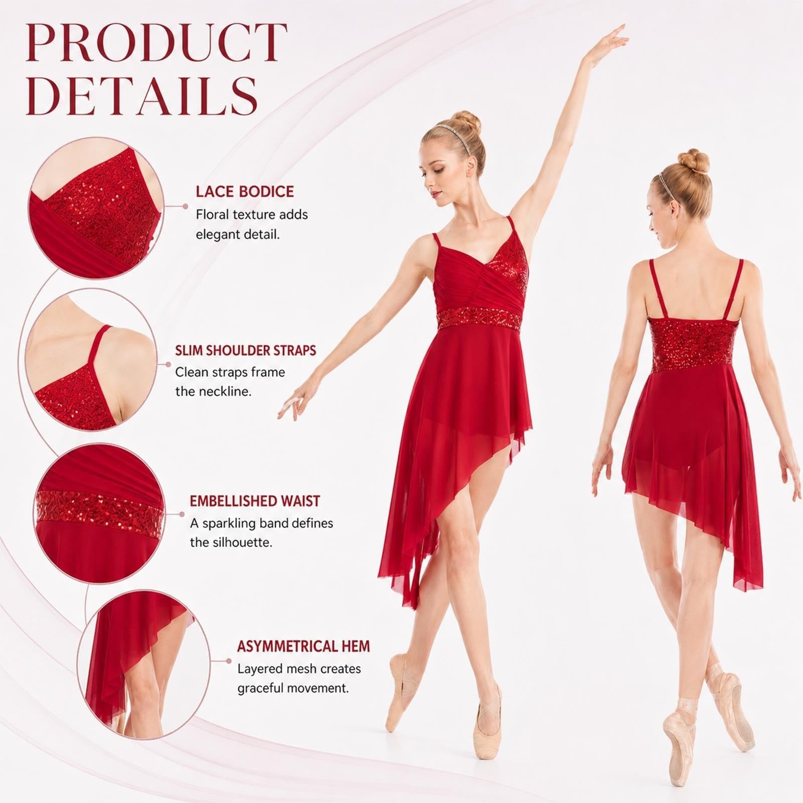Abito da danza lirica da donna con paillettes e gonna asimmetrica